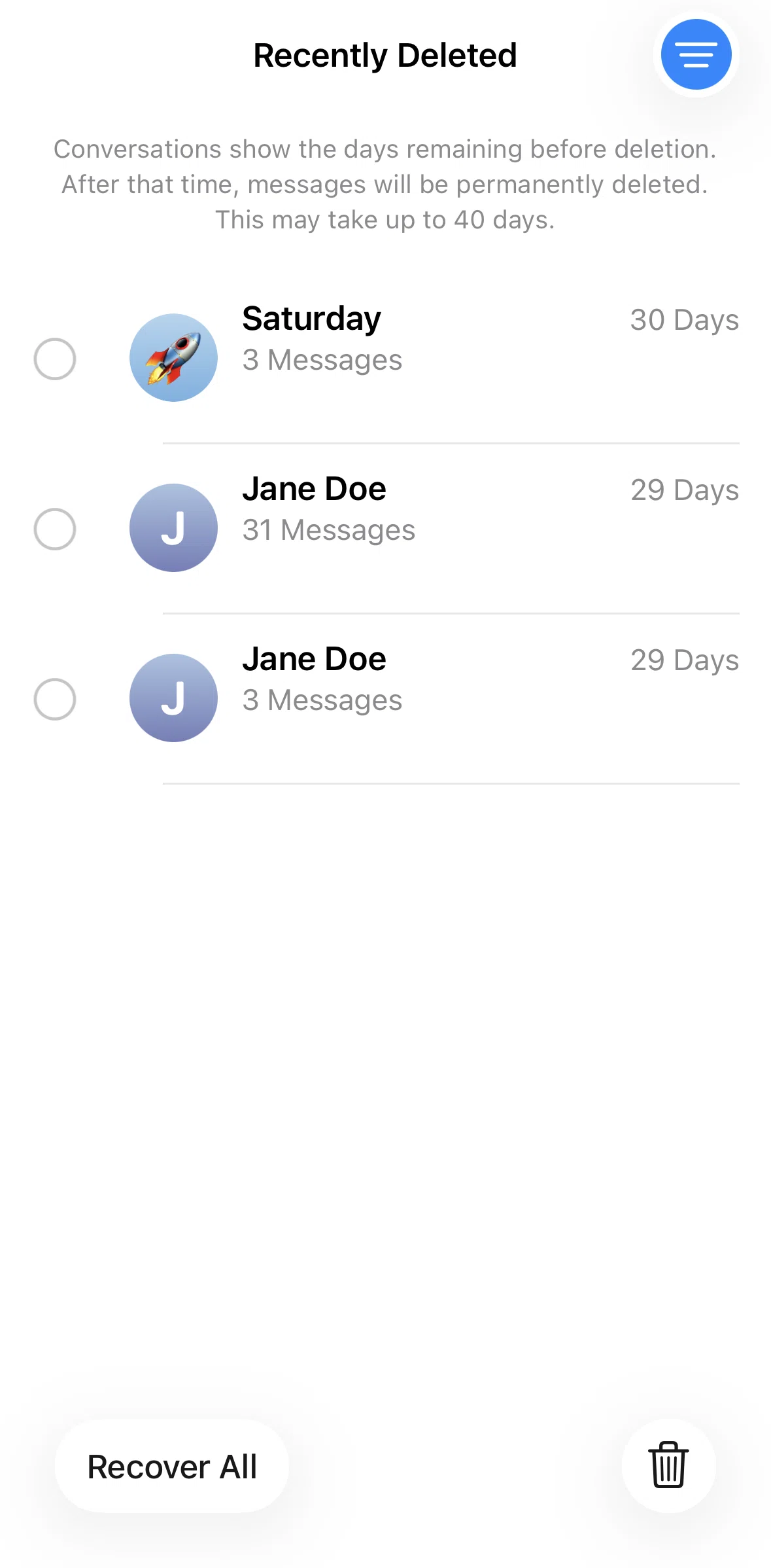 Messages Screen screen in the Recovering a chat flow
