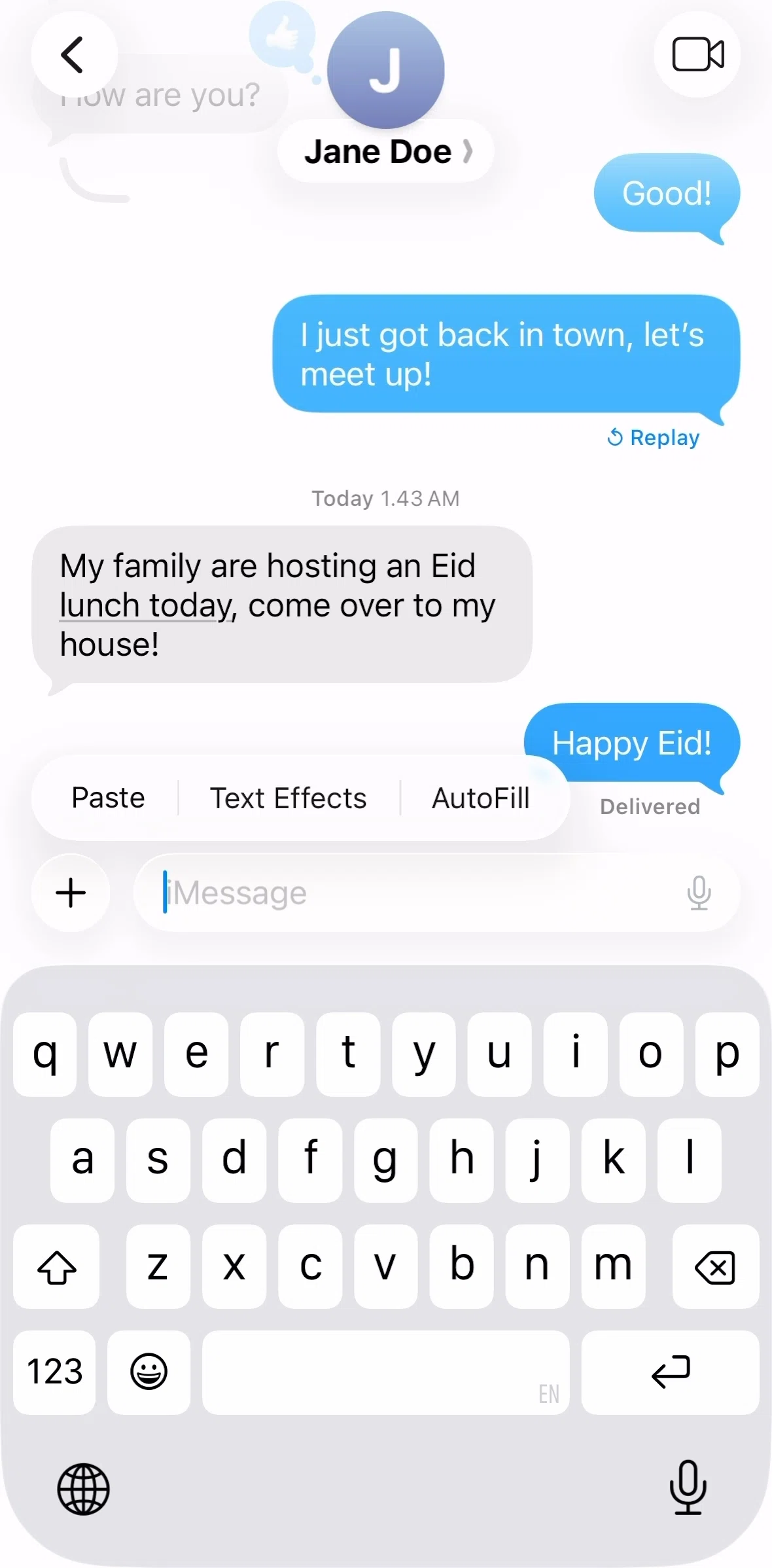 Messages Screen screen in the Sending a message (text effect) flow