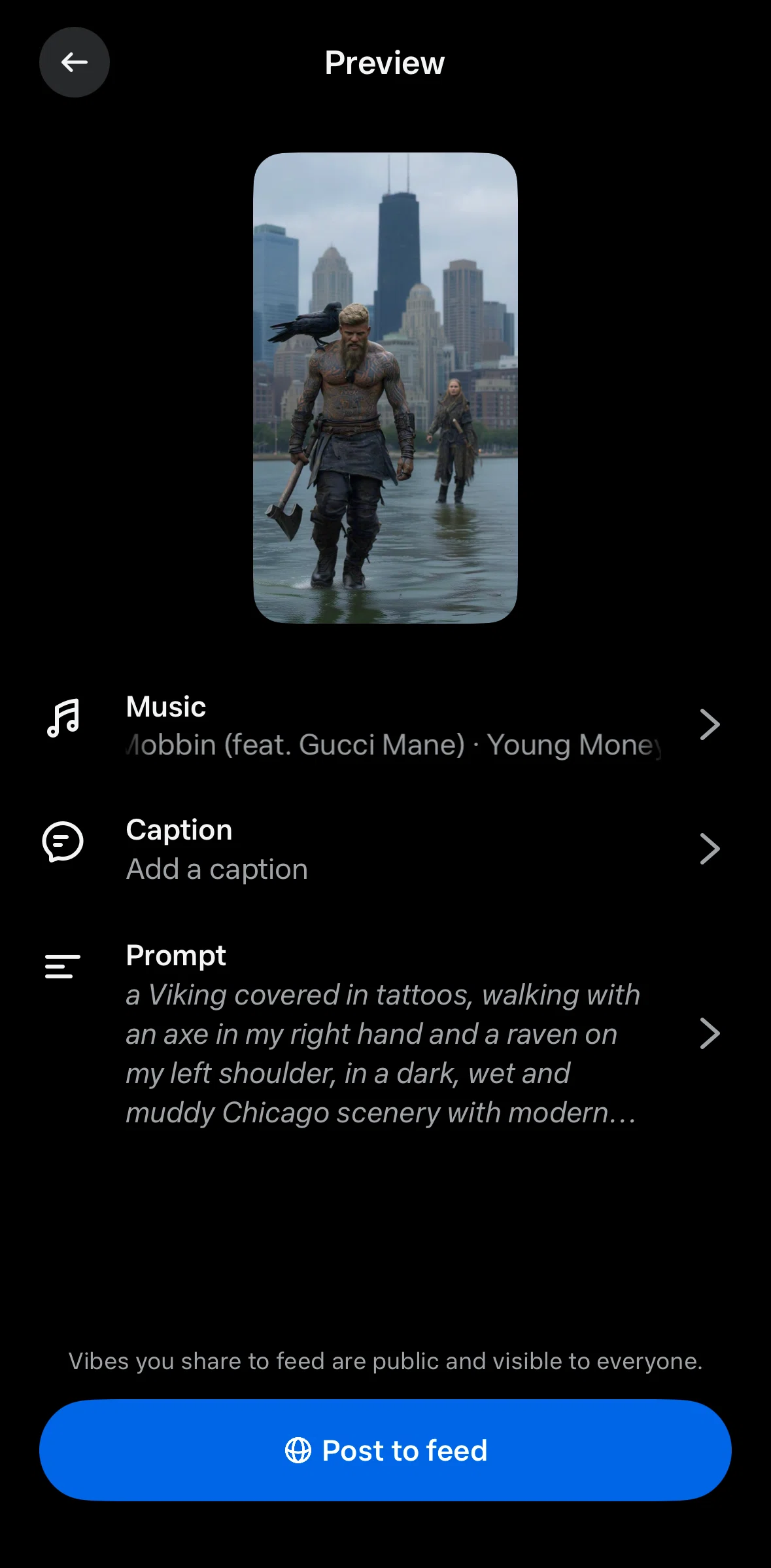 Meta AI Screen screen in the Adding a caption flow