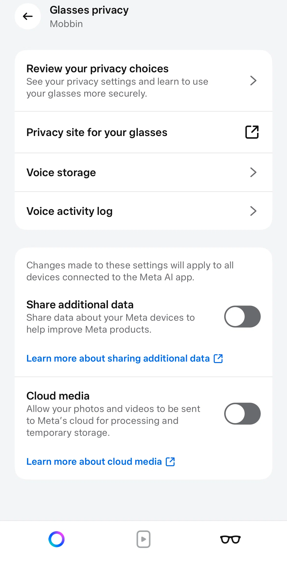 Meta AI Screen screen in the Deleting voice activity log flow