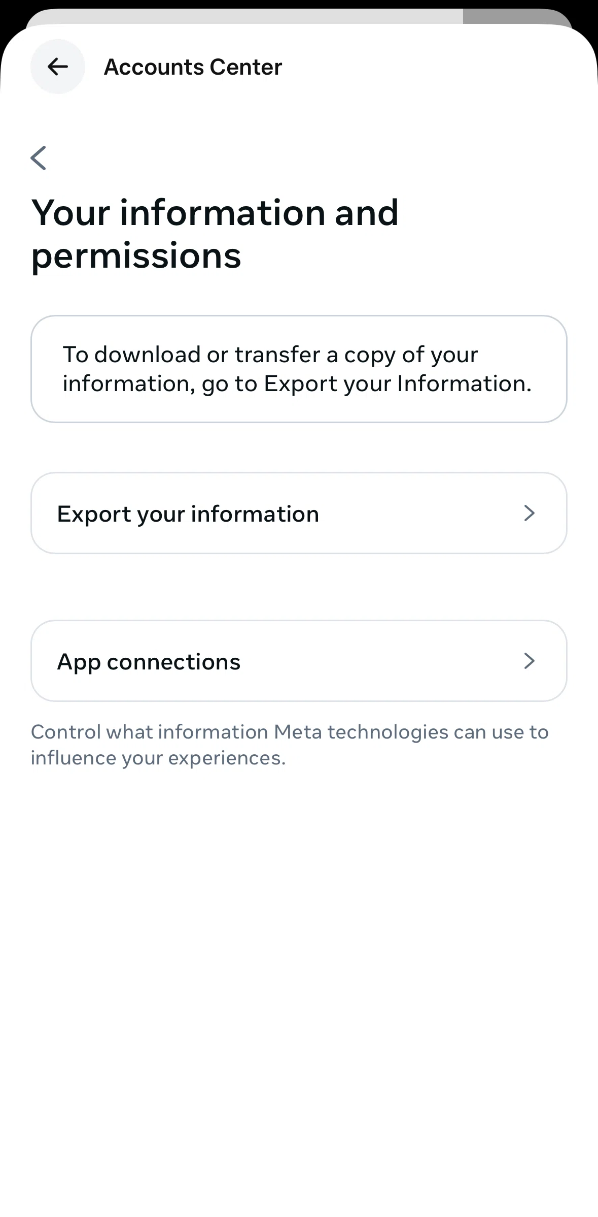 Meta AI Screen screen in the Export information flow