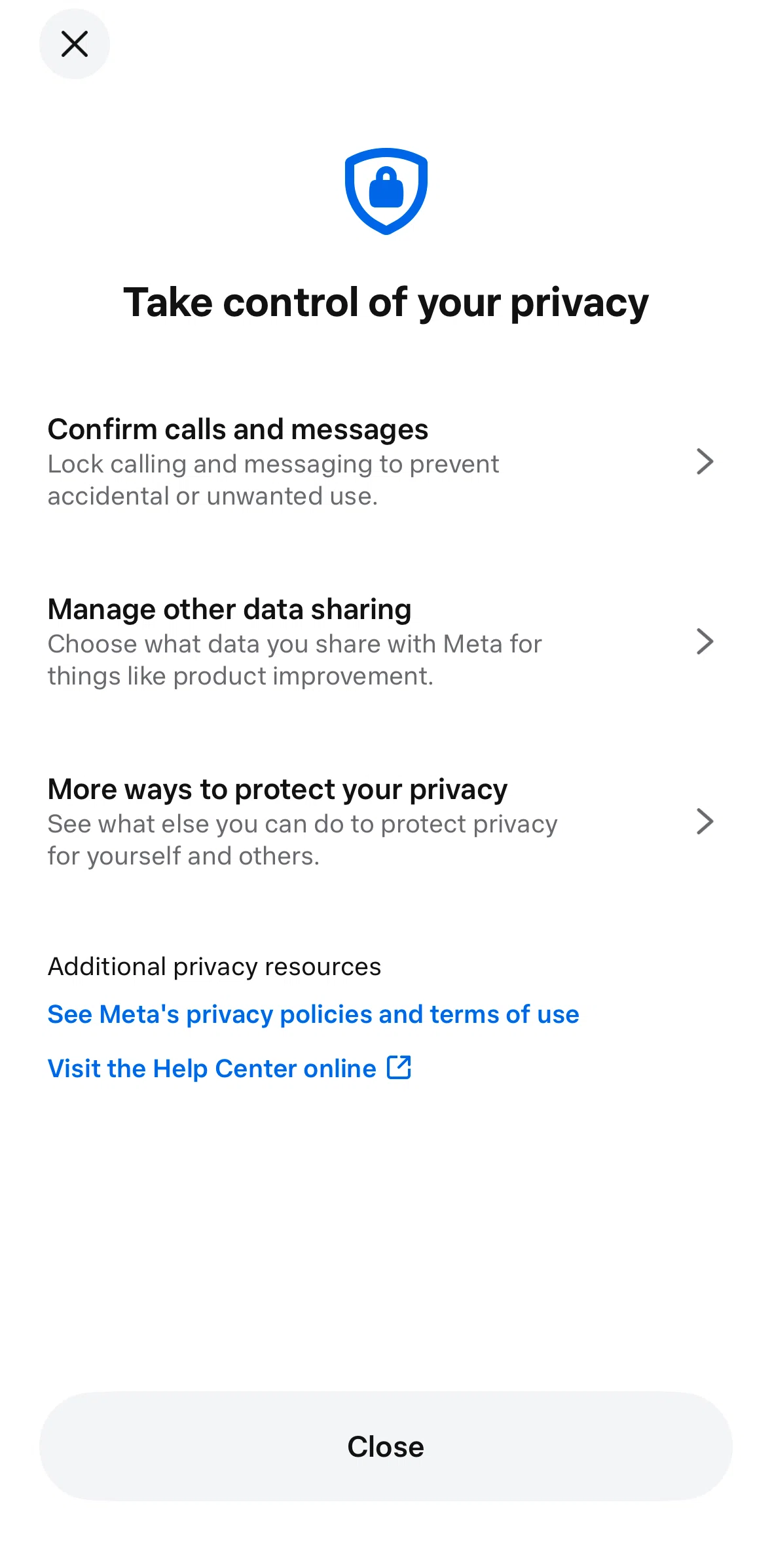 Meta AI Screen screen in the More ways to protect privacy flow