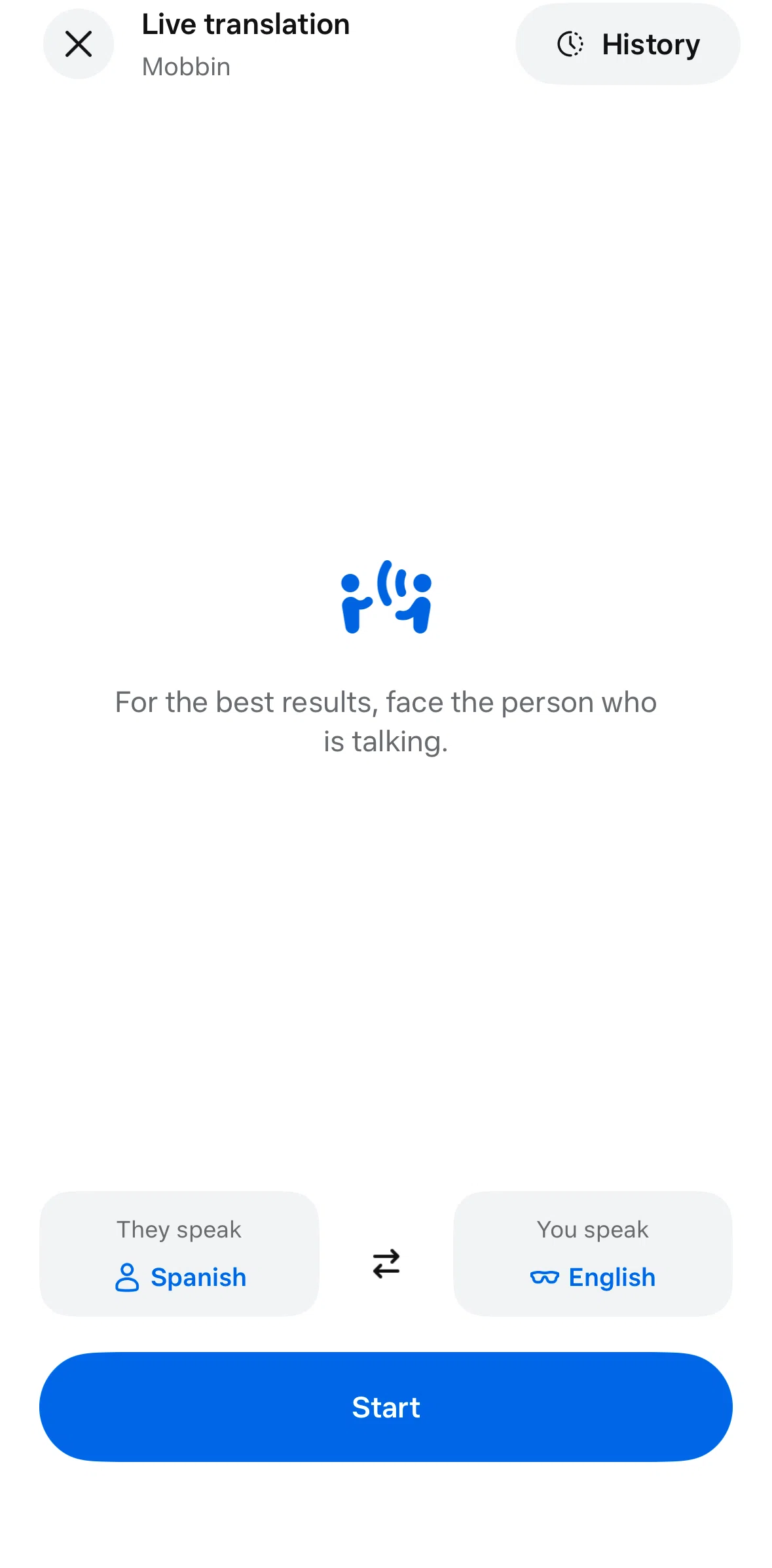 Meta AI Screen screen in the Translating speech flow