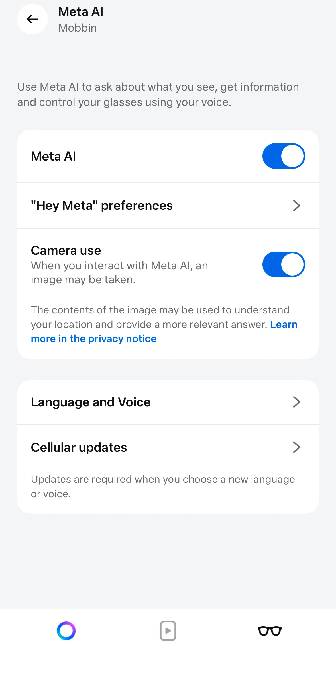 Meta AI Screen screen in the Turning off Hey Meta flow