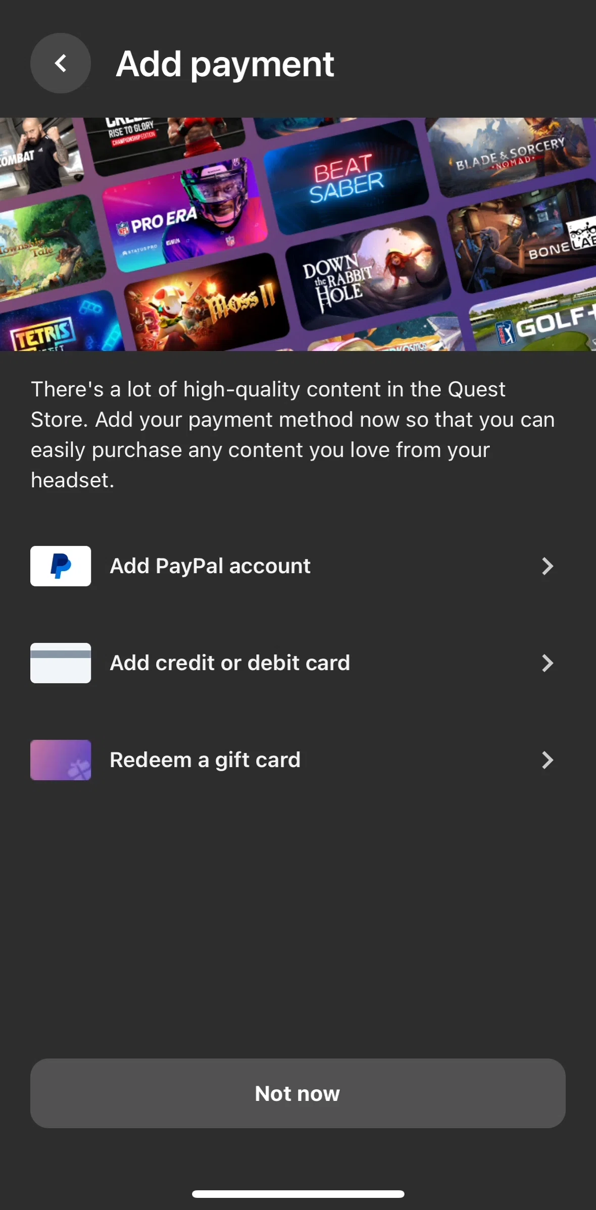 Meta Quest Screen screen in the Adding a payment flow