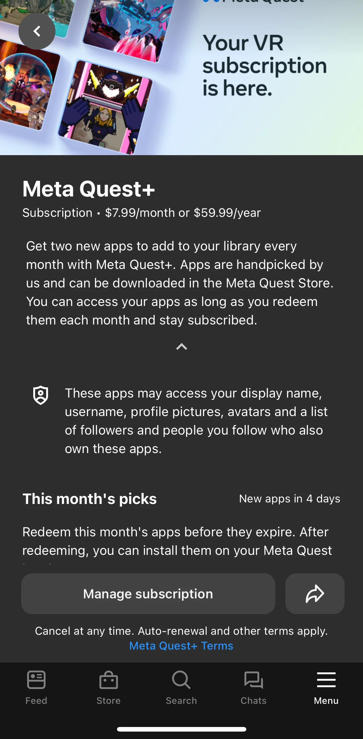 Meta Quest Screen screen in the Canceling my subscription flow
