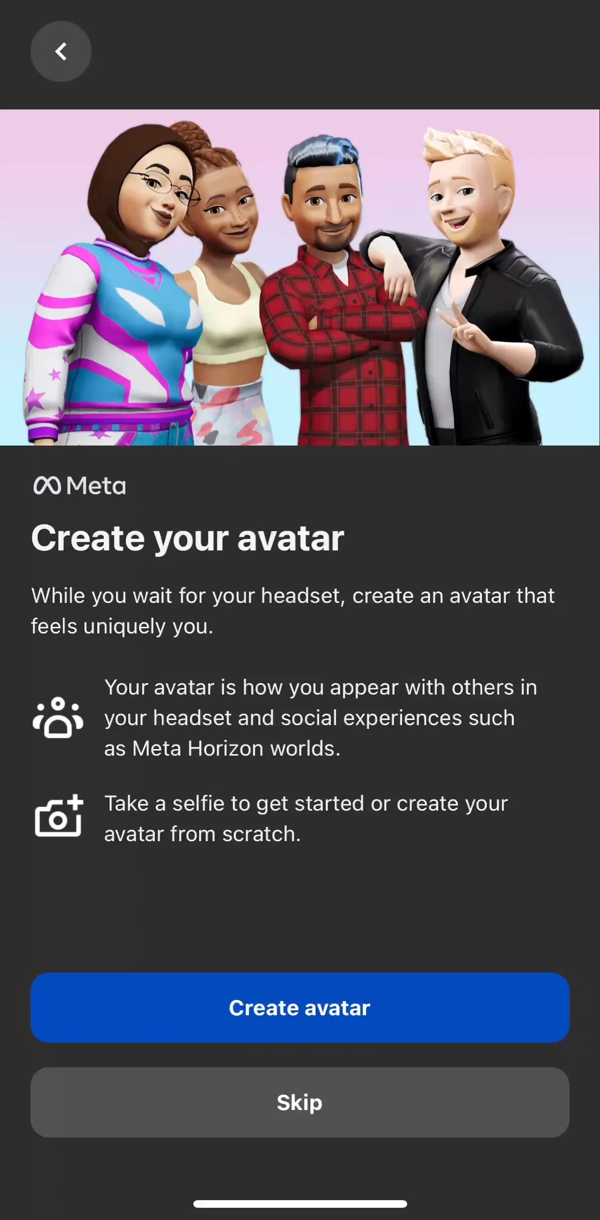 Meta Quest Screen screen in the Creating an avatar flow