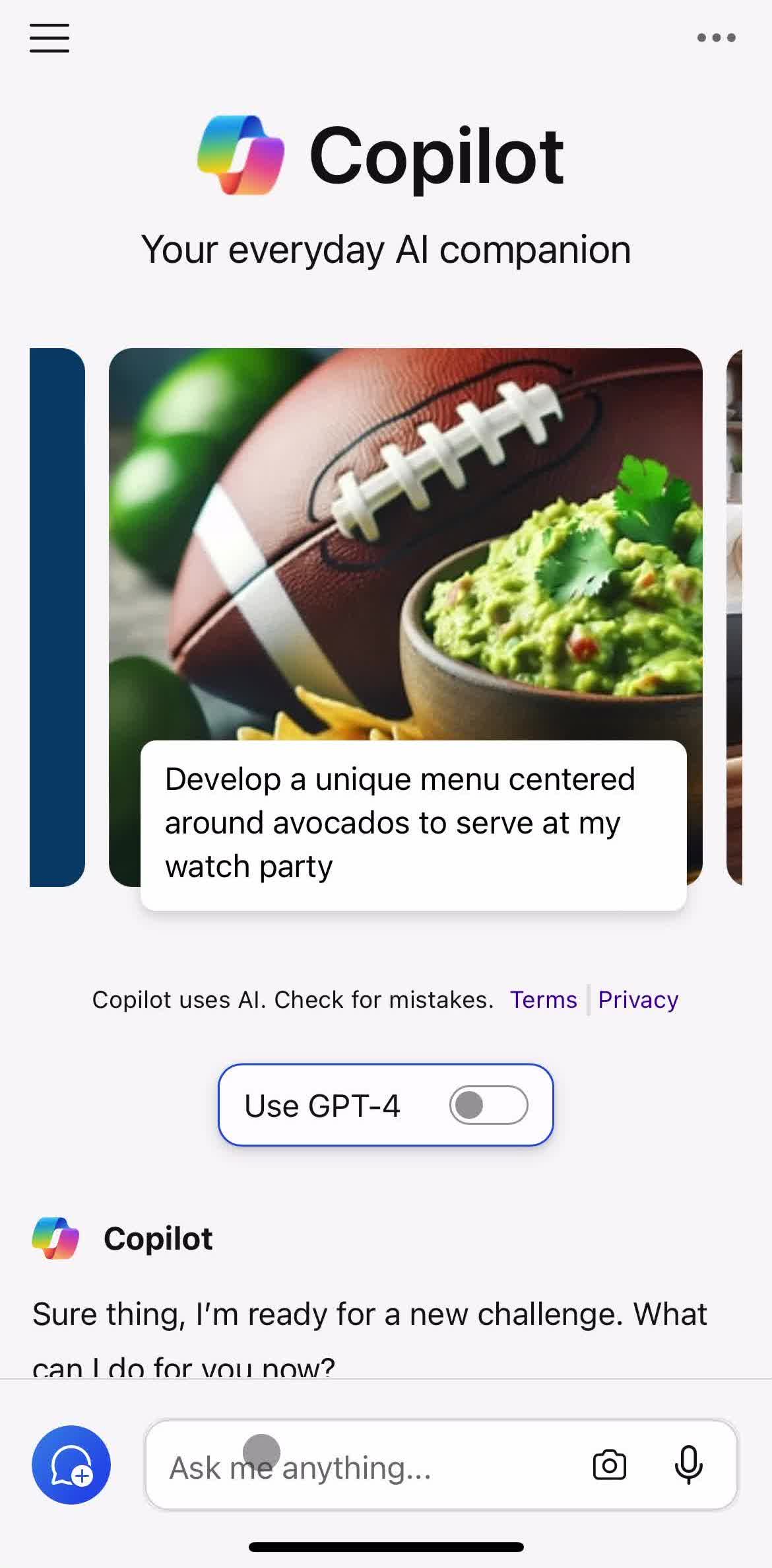 Microsoft Copilot Home screen in the Asking A Question flow