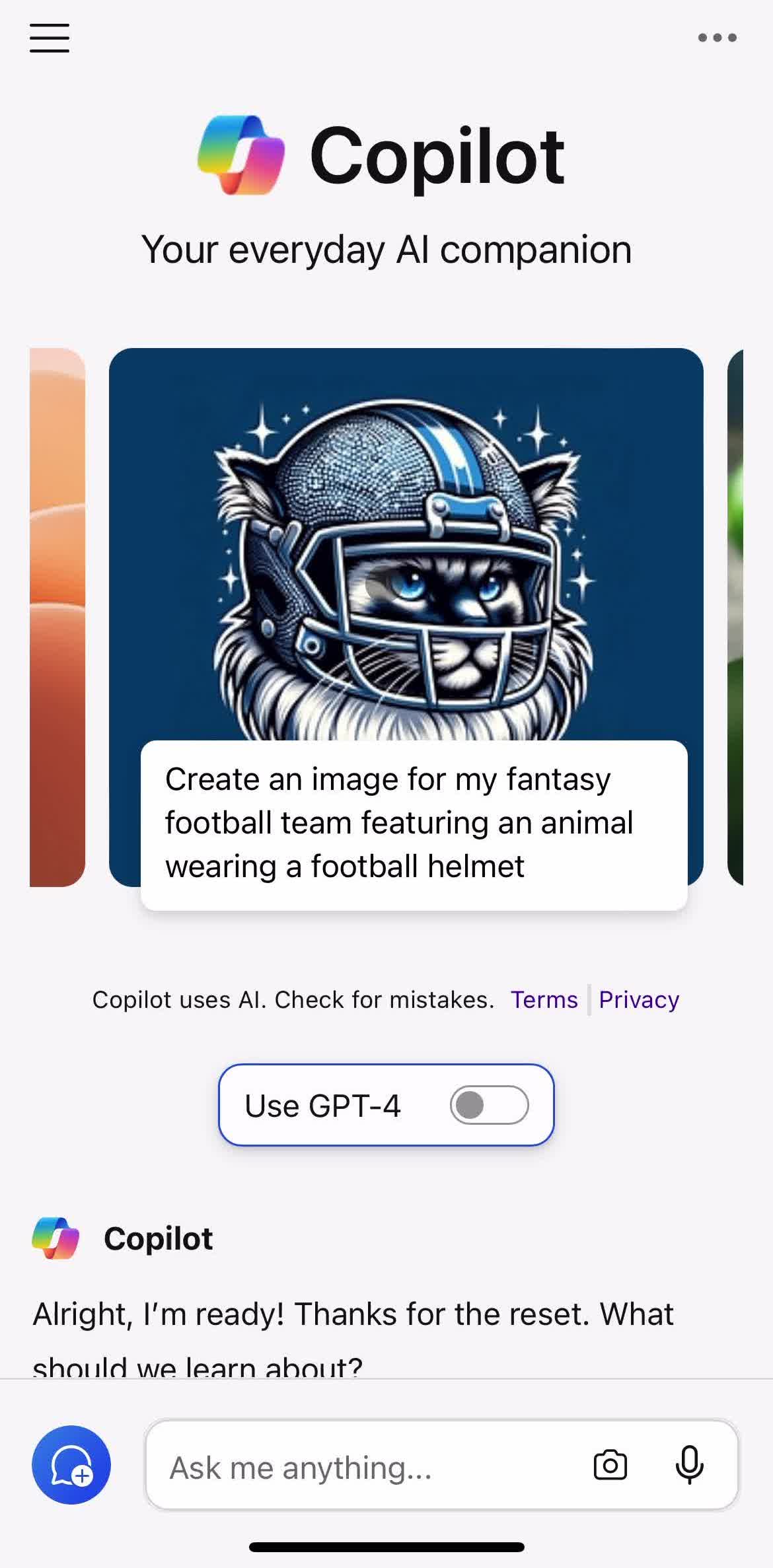 Microsoft Copilot Home screen in the Creating Topic From An Example flow