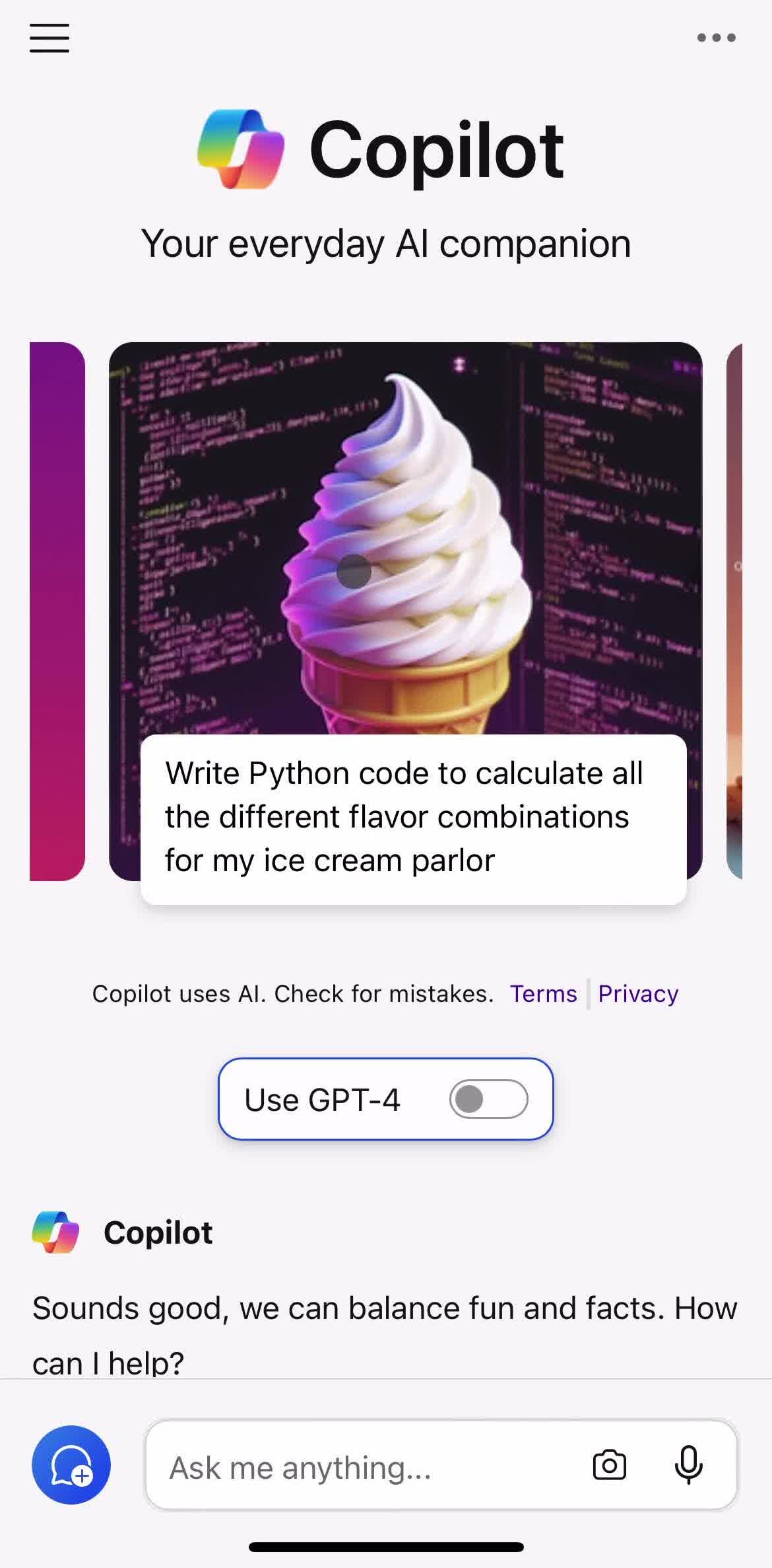 Microsoft Copilot Home screen in the General Browsing flow