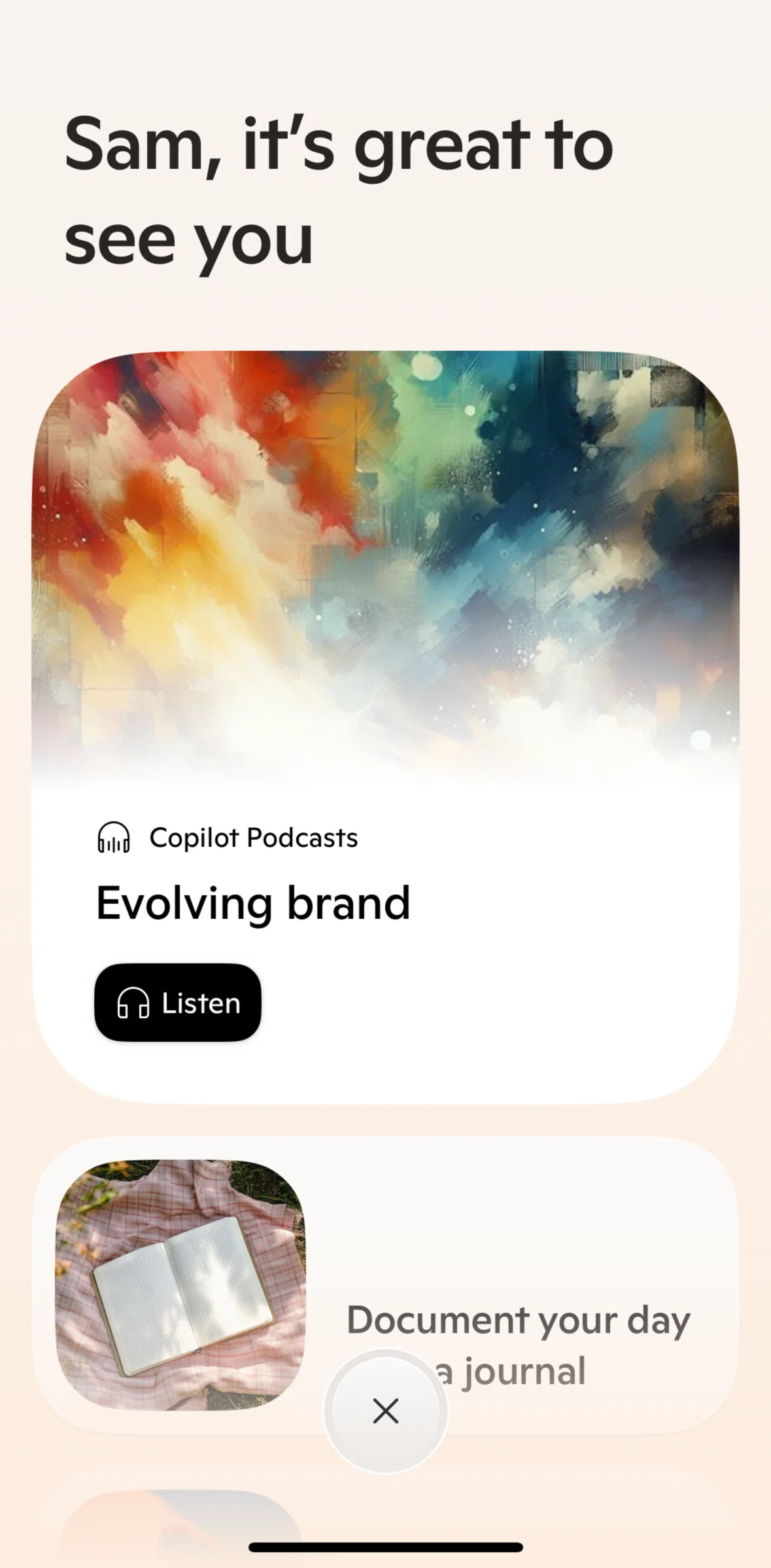 Microsoft Copilot Screen screen in the Listening to a podcast flow
