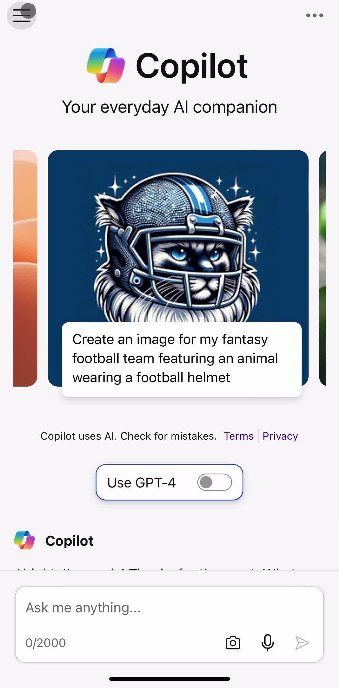 Microsoft Copilot Home screen in the Sharing flow