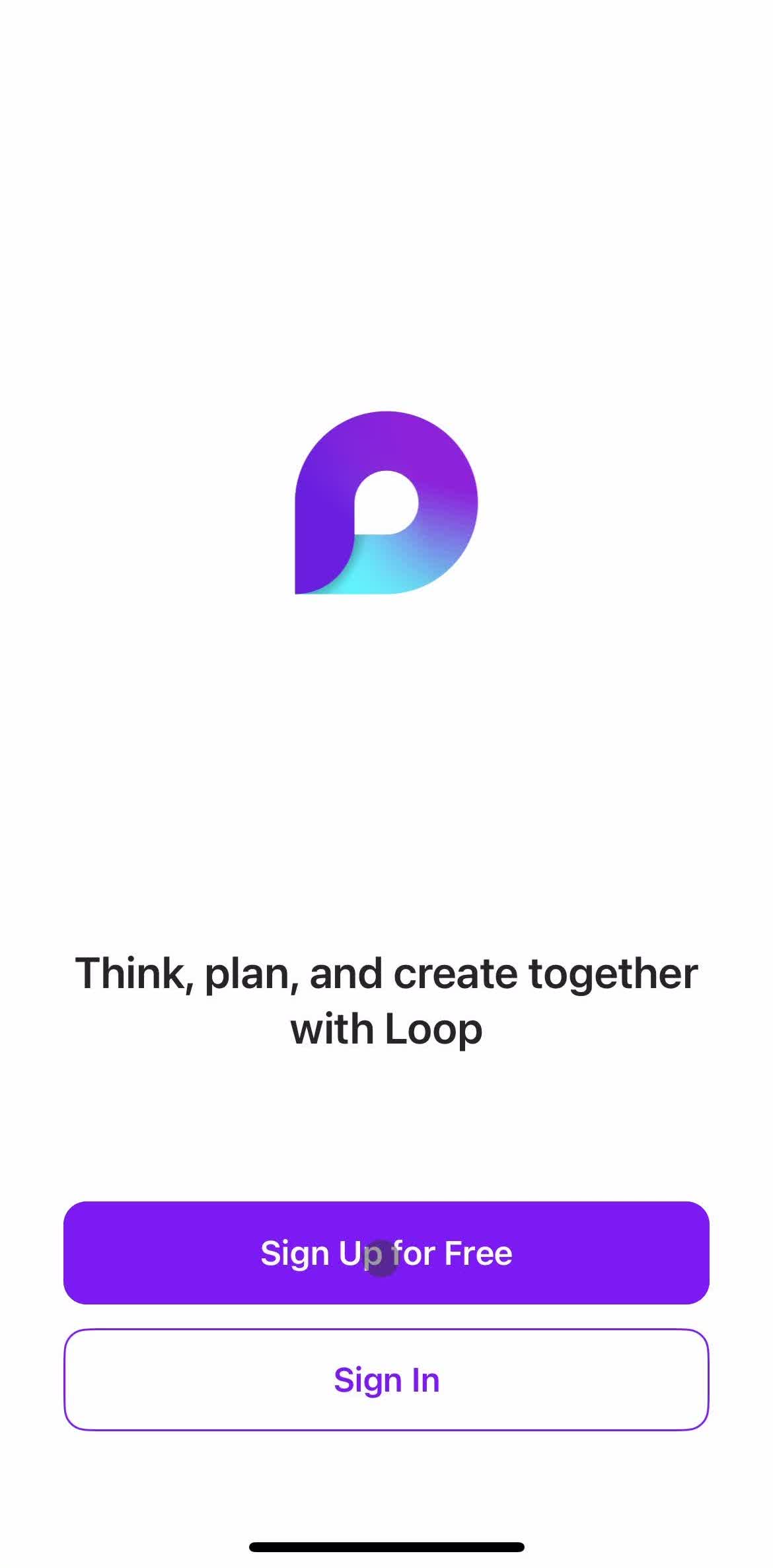 Microsoft Loop Sign up screen in the Onboarding flow