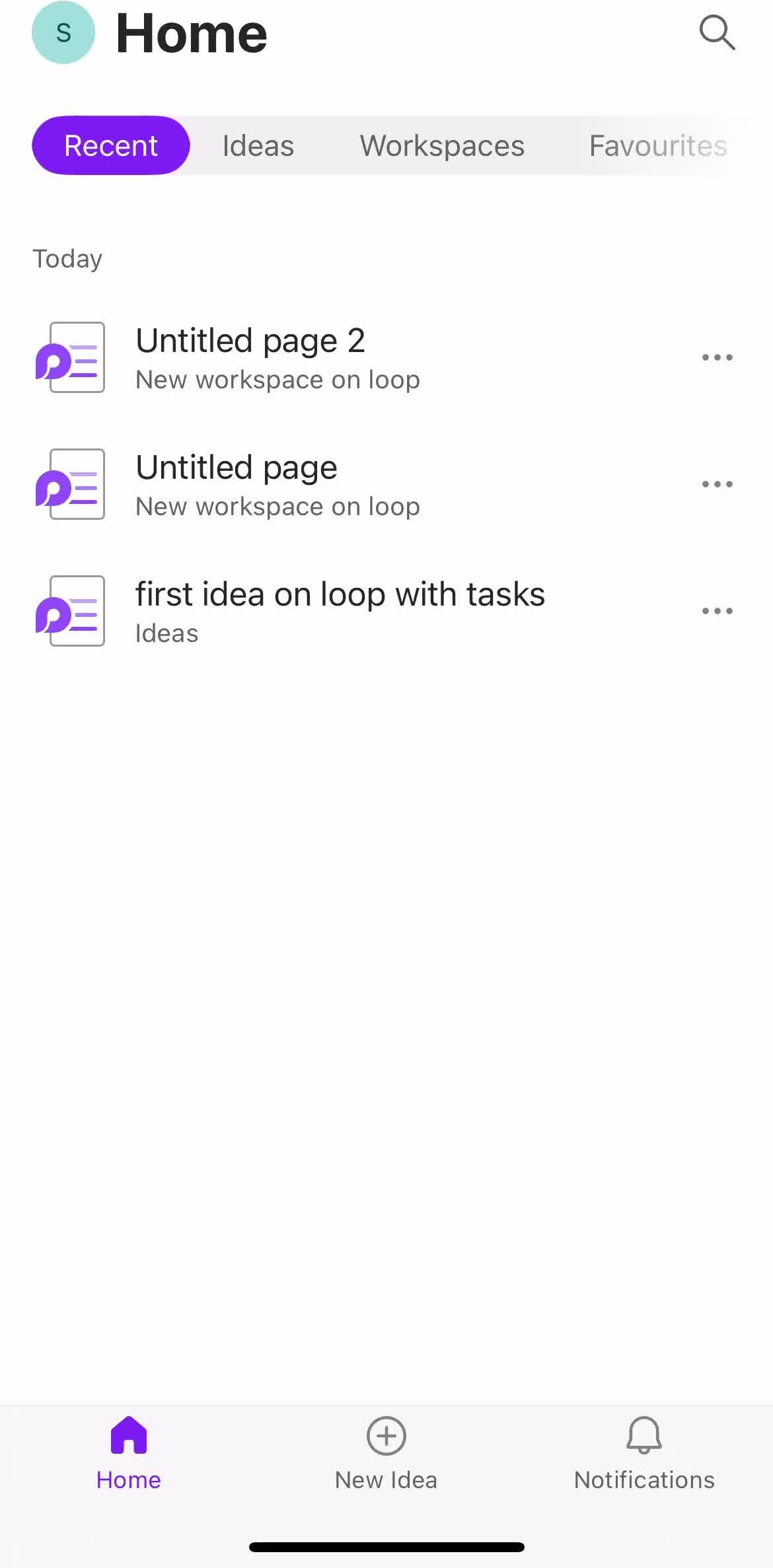 Microsoft Loop Home screen in the Searching flow