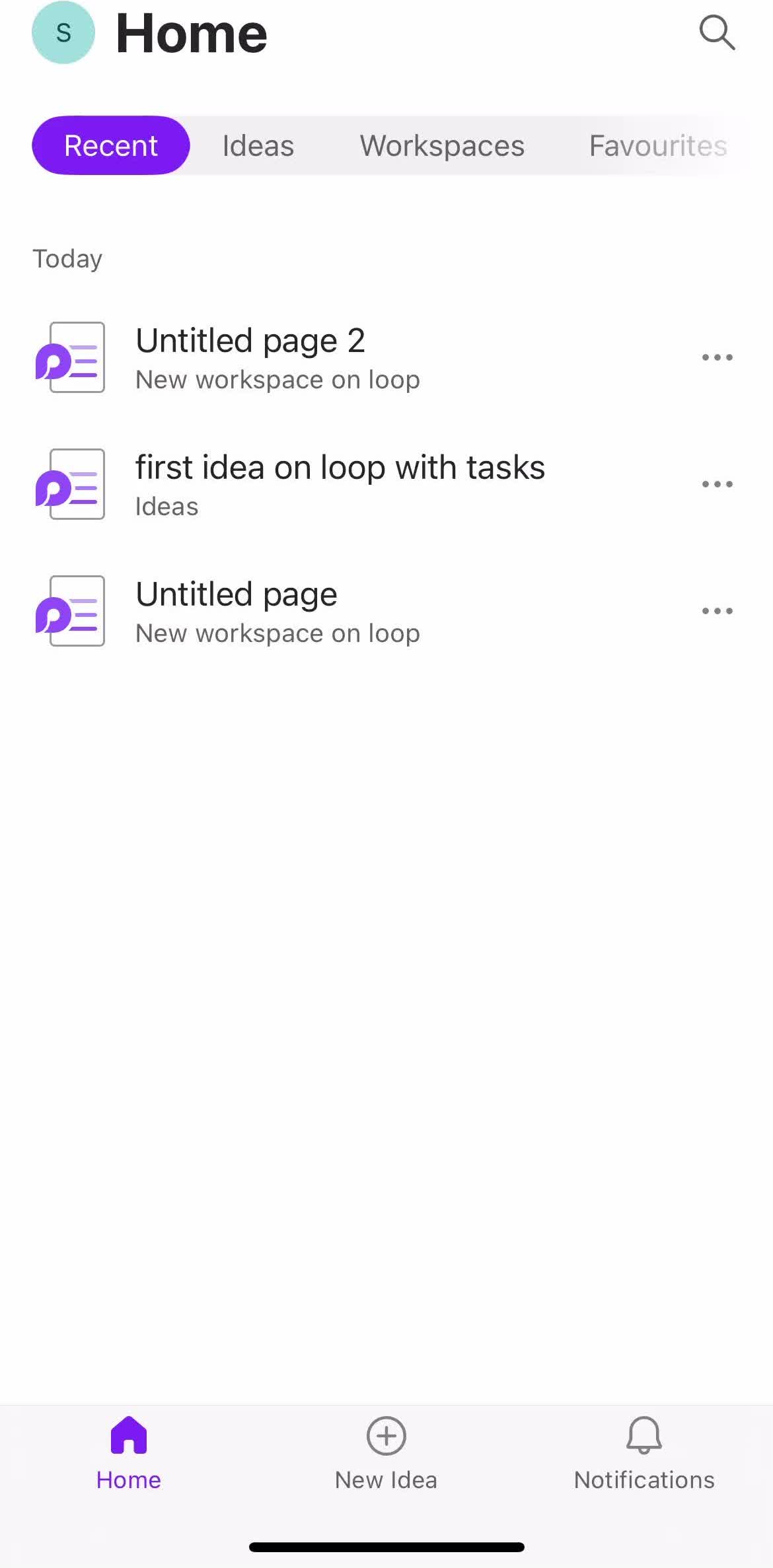 Microsoft Loop Home screen in the Sharing flow