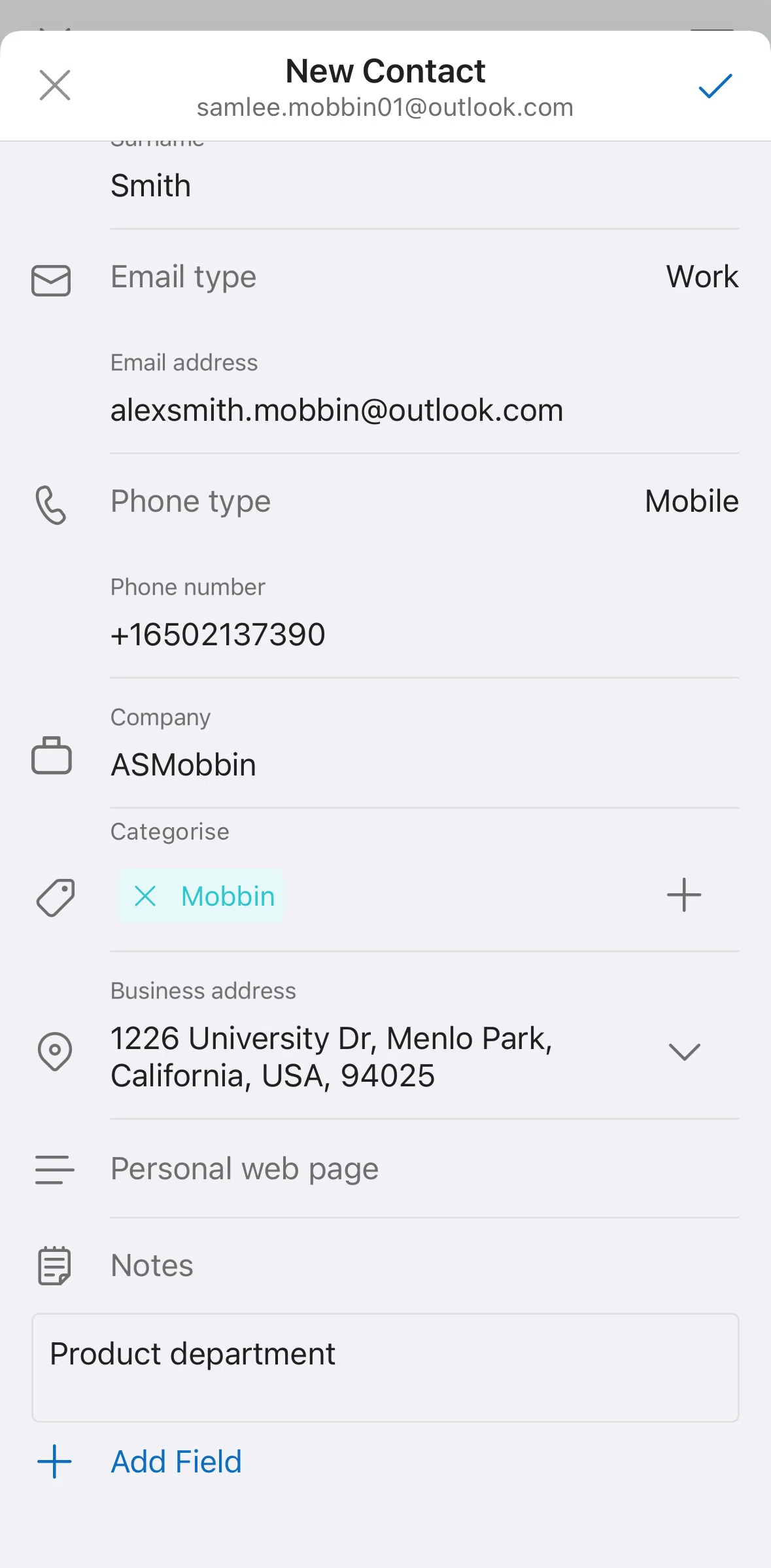 Microsoft Outlook Screen screen in the Adding a field (birthday) flow