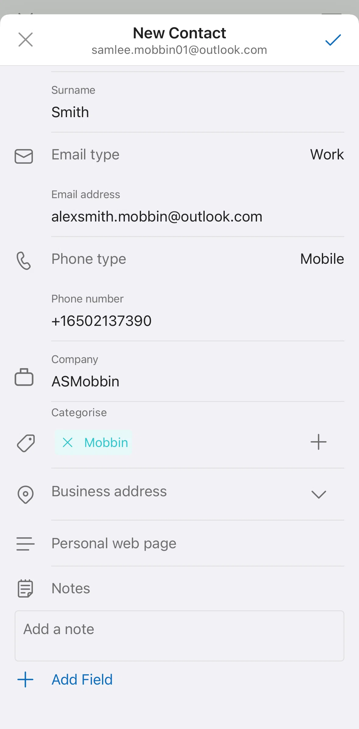 Microsoft Outlook Screen screen in the Adding an address flow