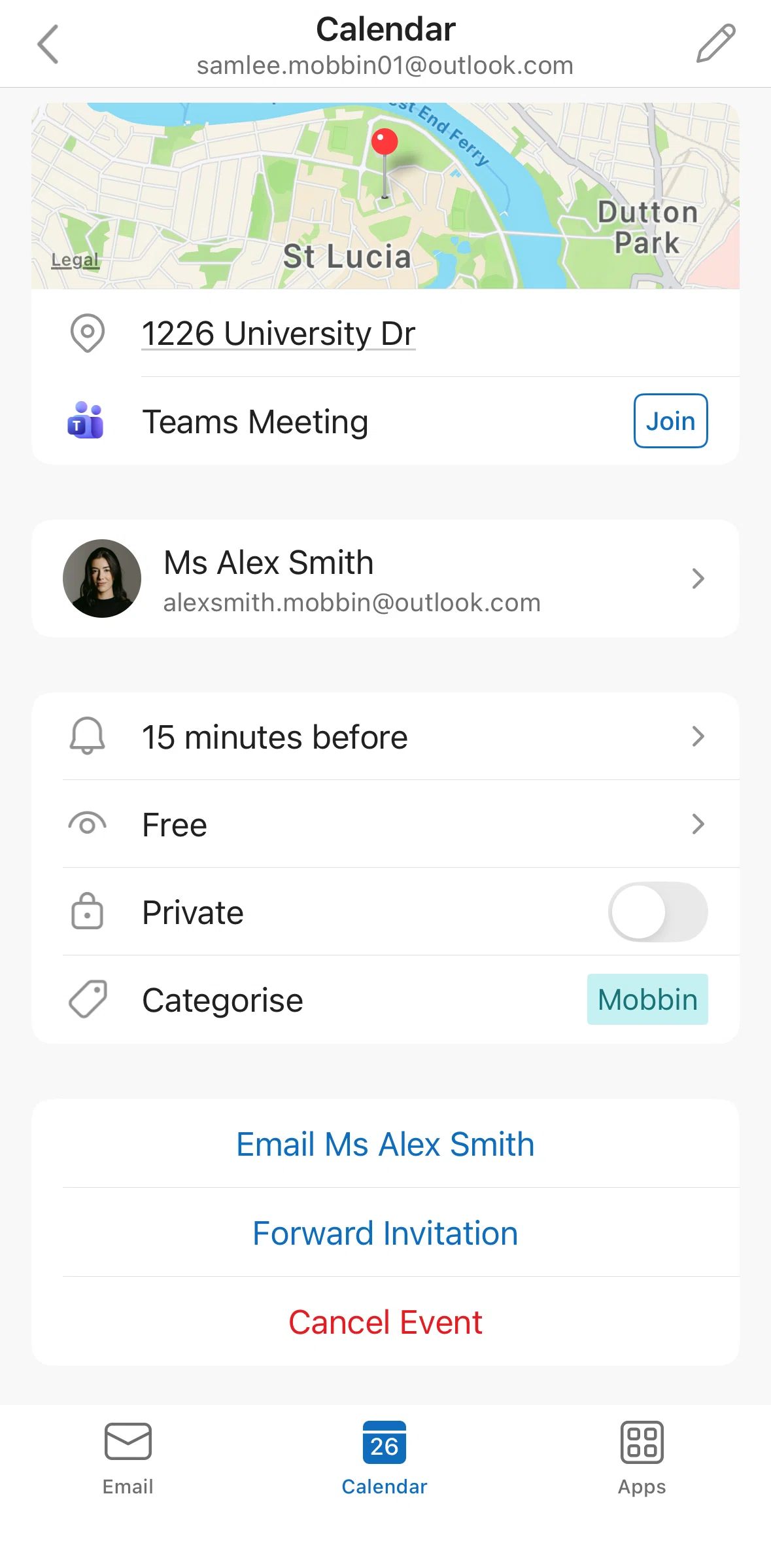 Microsoft Outlook Screen screen in the Canceling an event flow