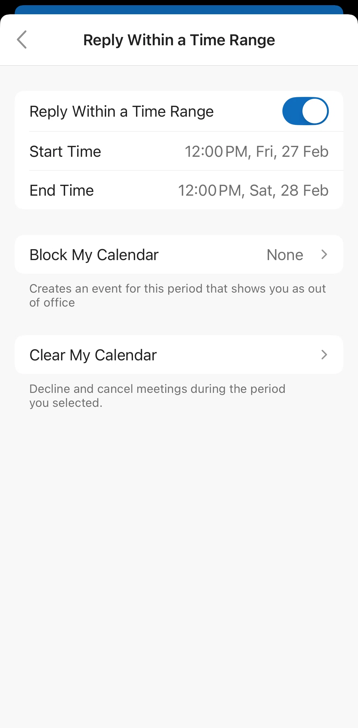 Microsoft Outlook Screen screen in the Clearing a calendar schedule flow