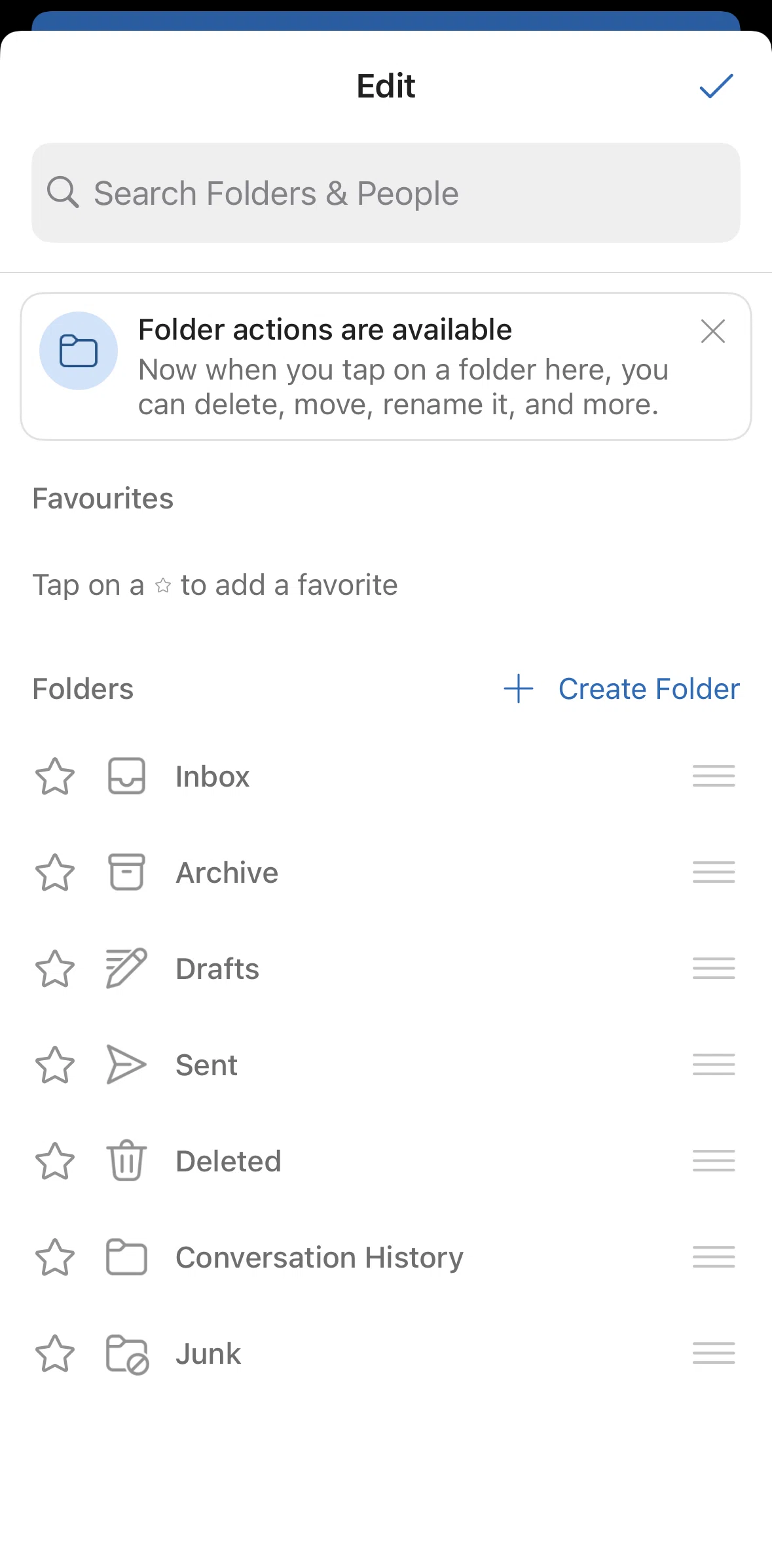 Microsoft Outlook Screen screen in the Creating a subfolder flow