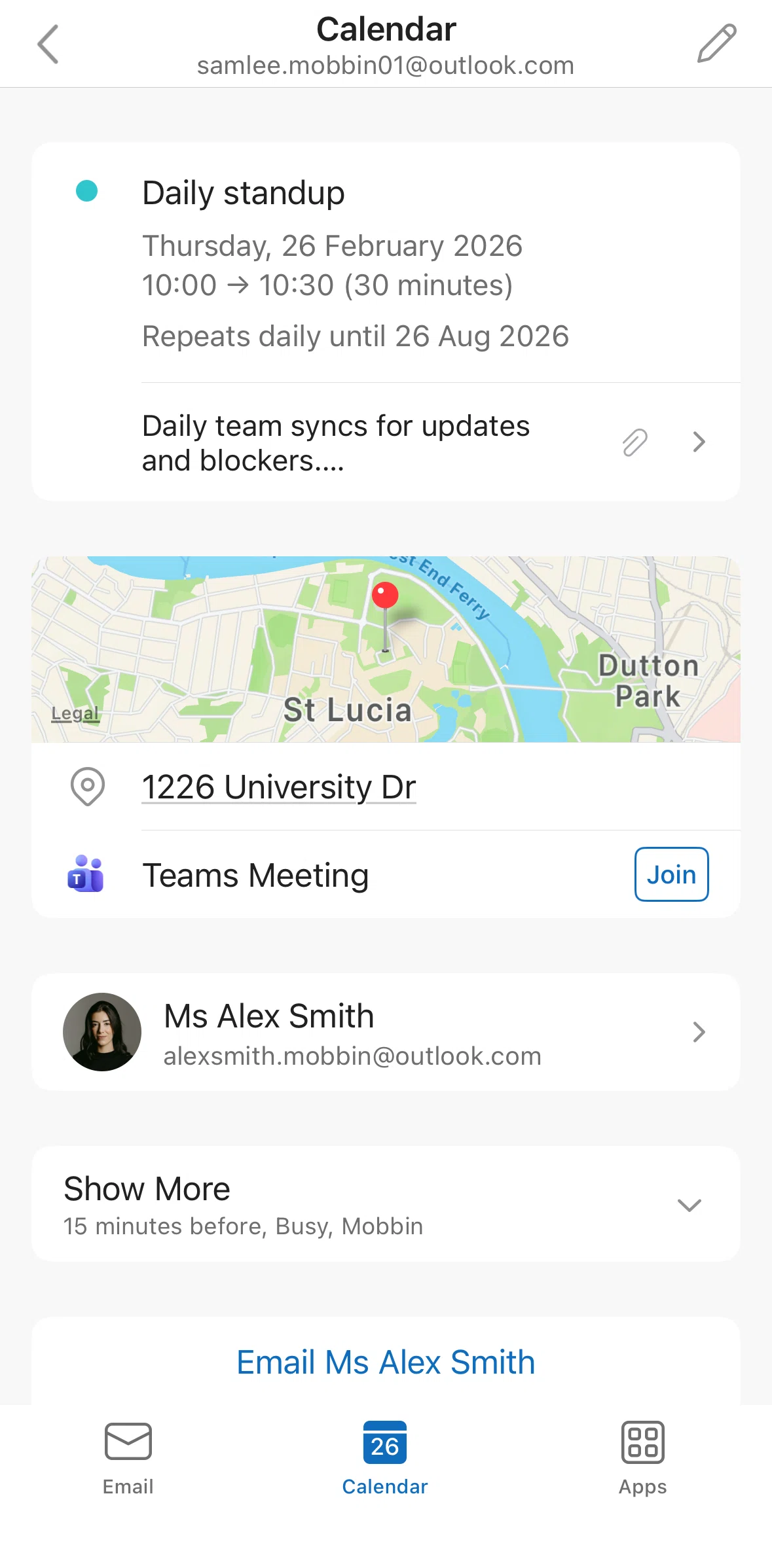 Microsoft Outlook Screen screen in the Editing an event flow