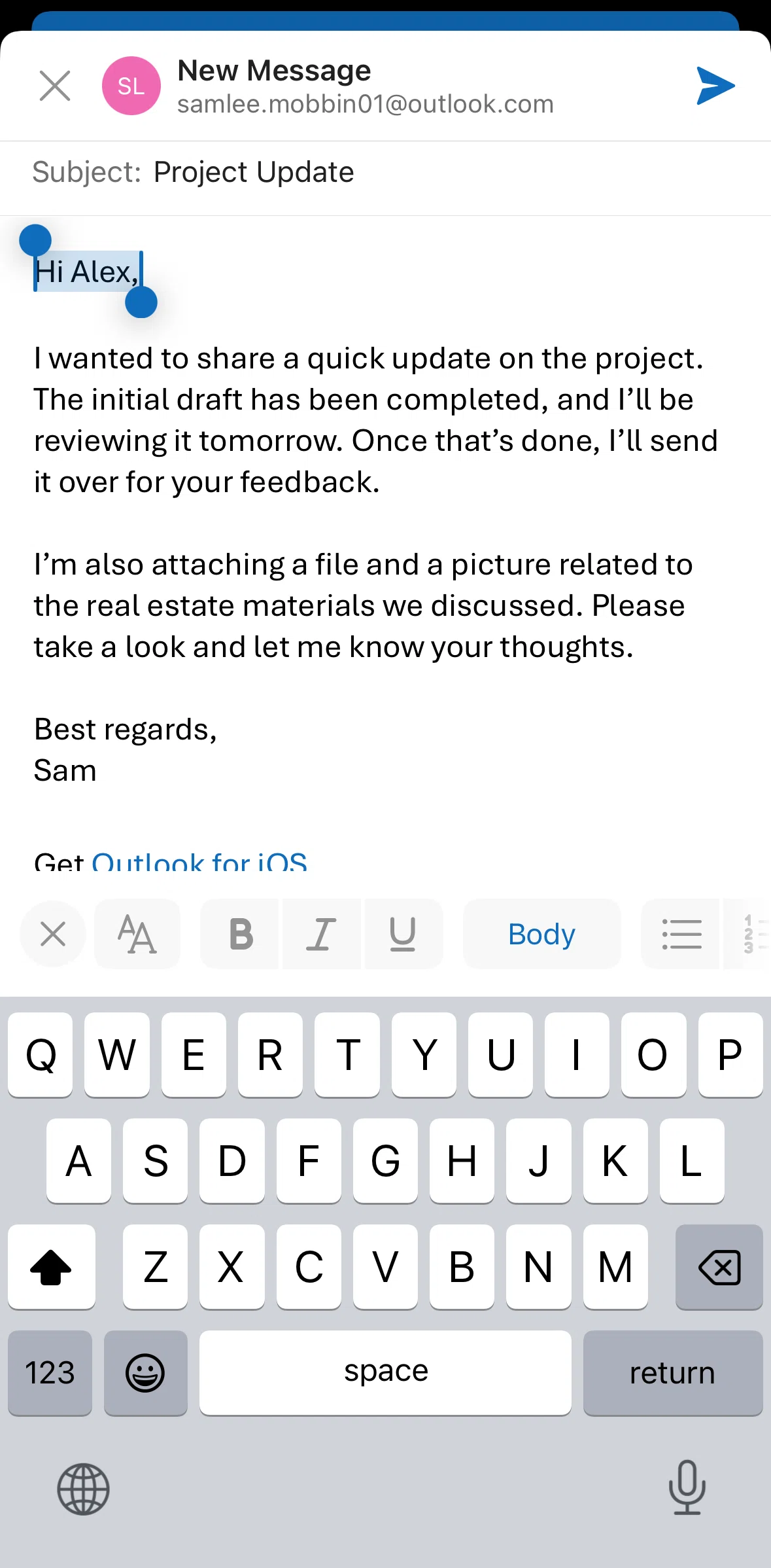 Microsoft Outlook Screen screen in the Editing text font & size flow
