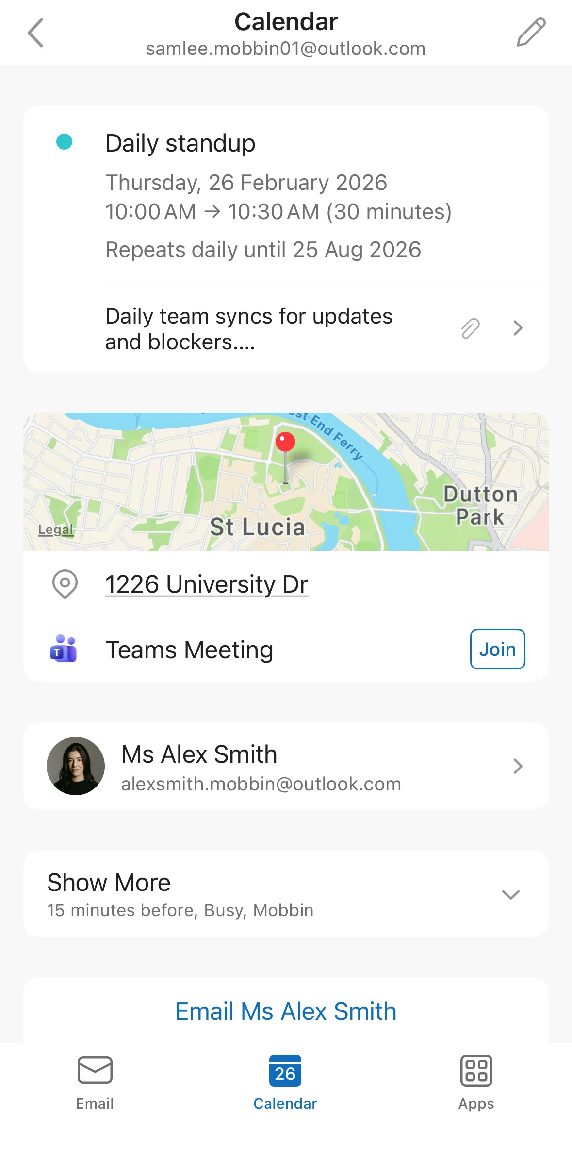 Microsoft Outlook Screen screen in the Event description flow