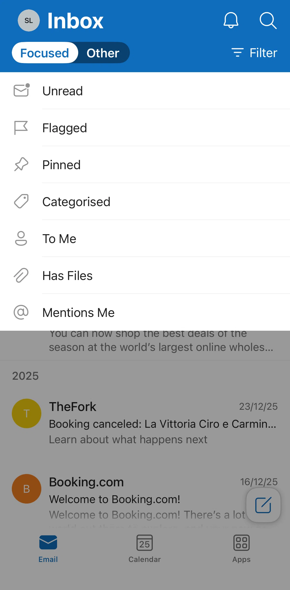 Microsoft Outlook Screen screen in the Filtering emails (pinned) flow