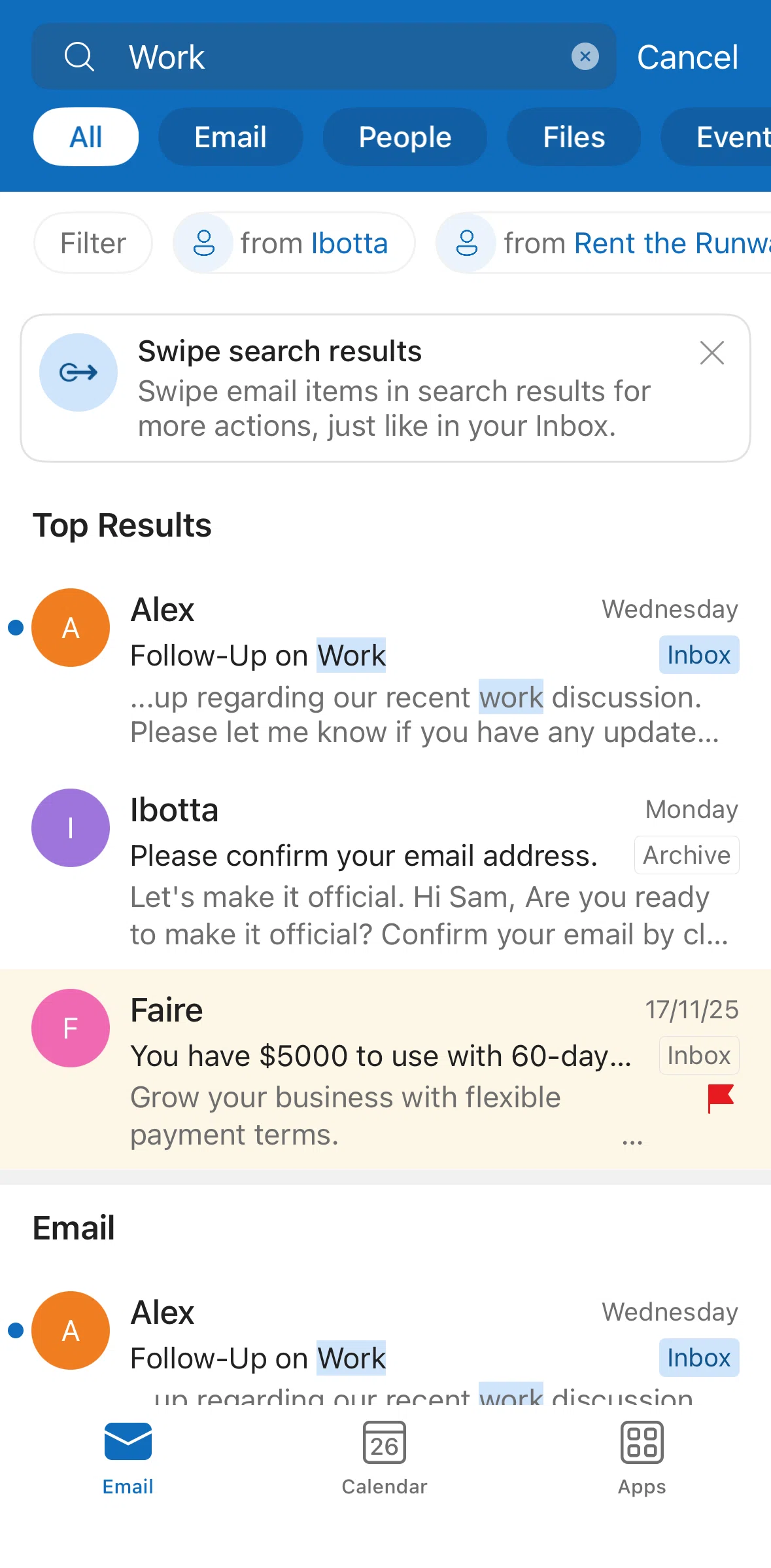 Microsoft Outlook Screen screen in the Filtering results flow