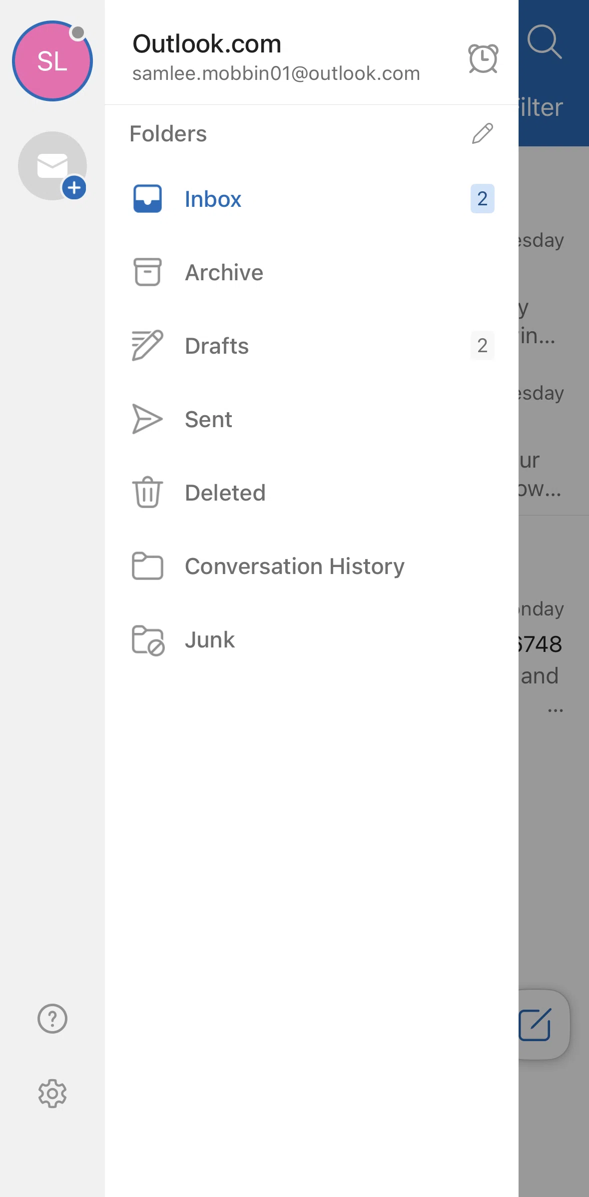 Microsoft Outlook Screen screen in the Help & feedback flow