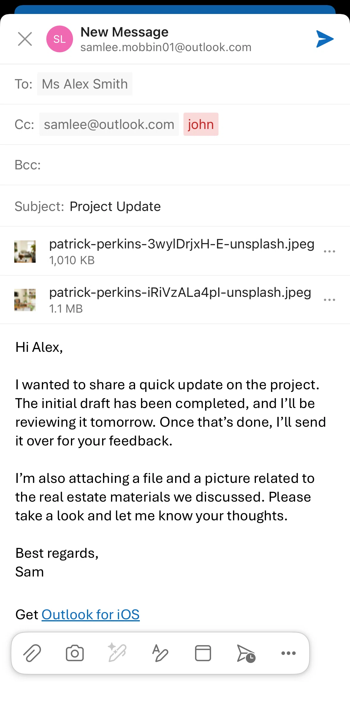 Microsoft Outlook Screen screen in the Moving a photo to a message body flow