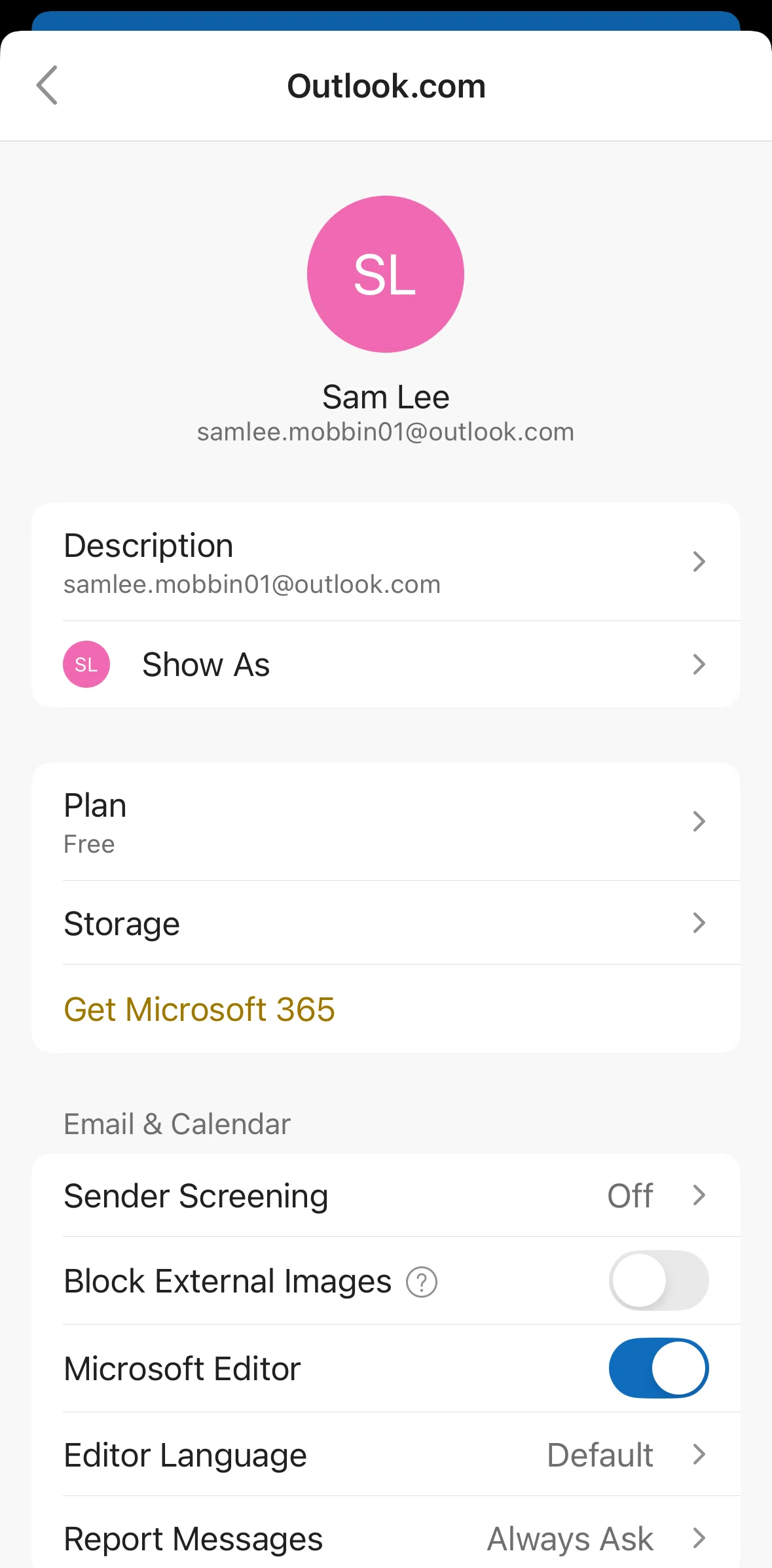 Microsoft Outlook Screen screen in the Plan flow