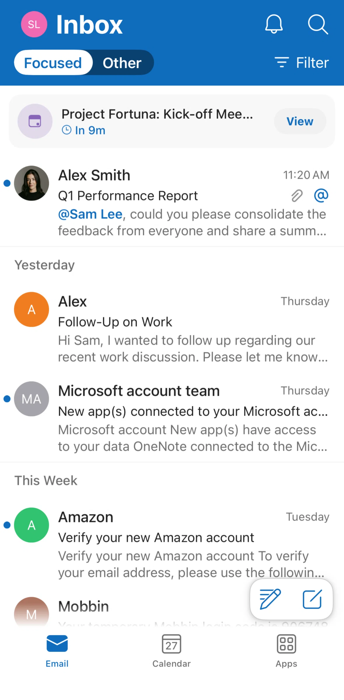 Microsoft Outlook Screen screen in the Quick drafts access flow