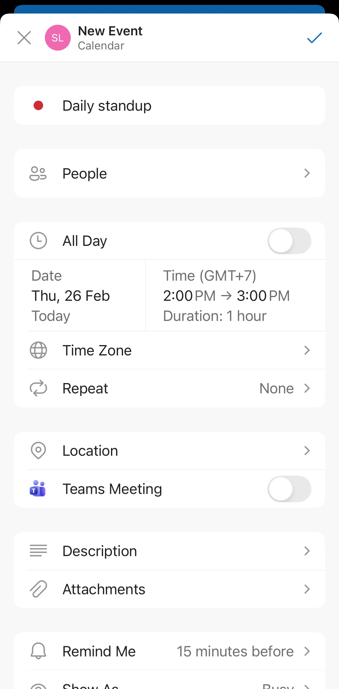Microsoft Outlook Screen screen in the Scheduling an event (drag & drop) flow