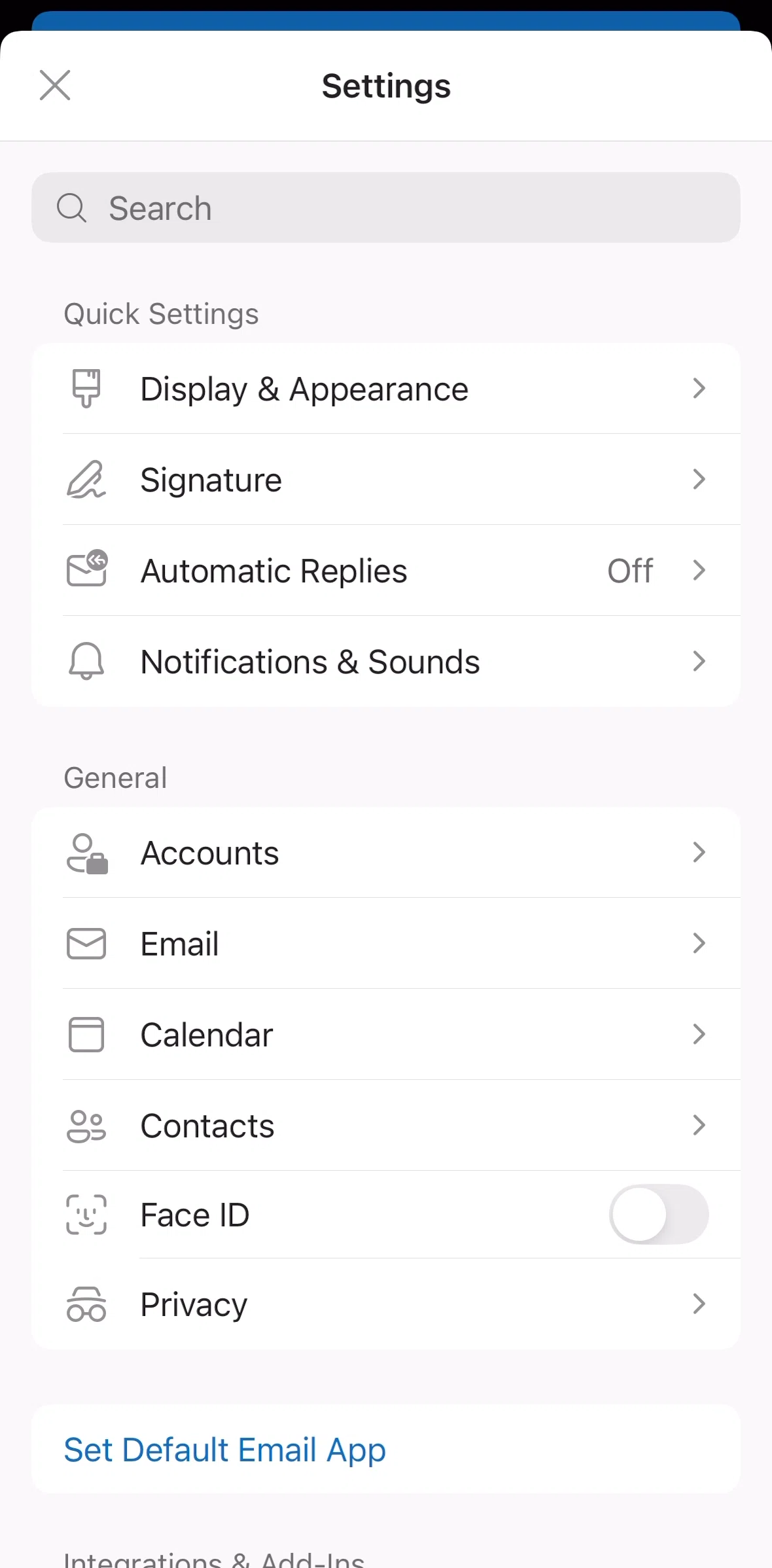 Microsoft Outlook Screen screen in the Searching settings flow