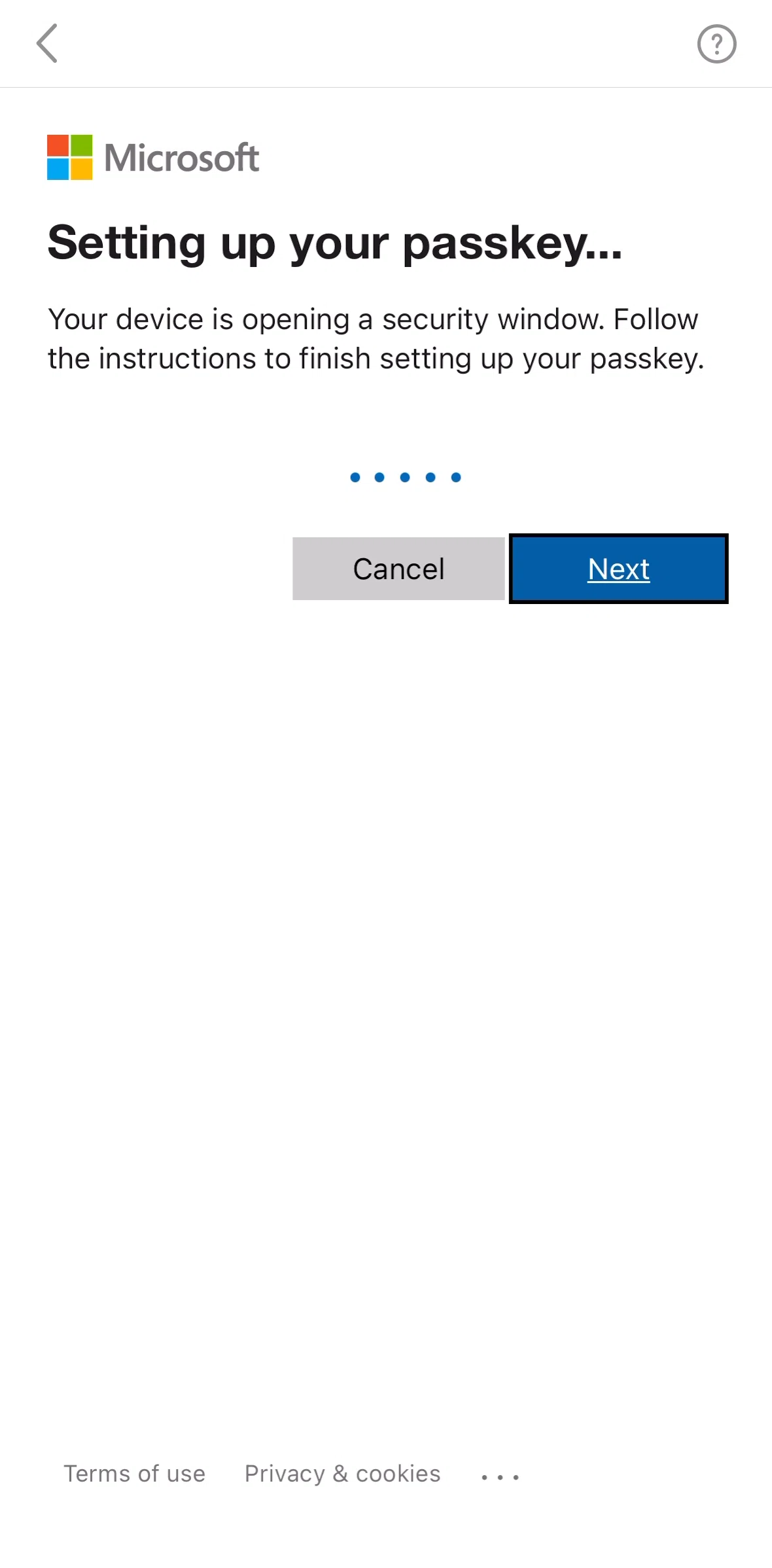 Microsoft Outlook Screen screen in the Setting up a passkey flow