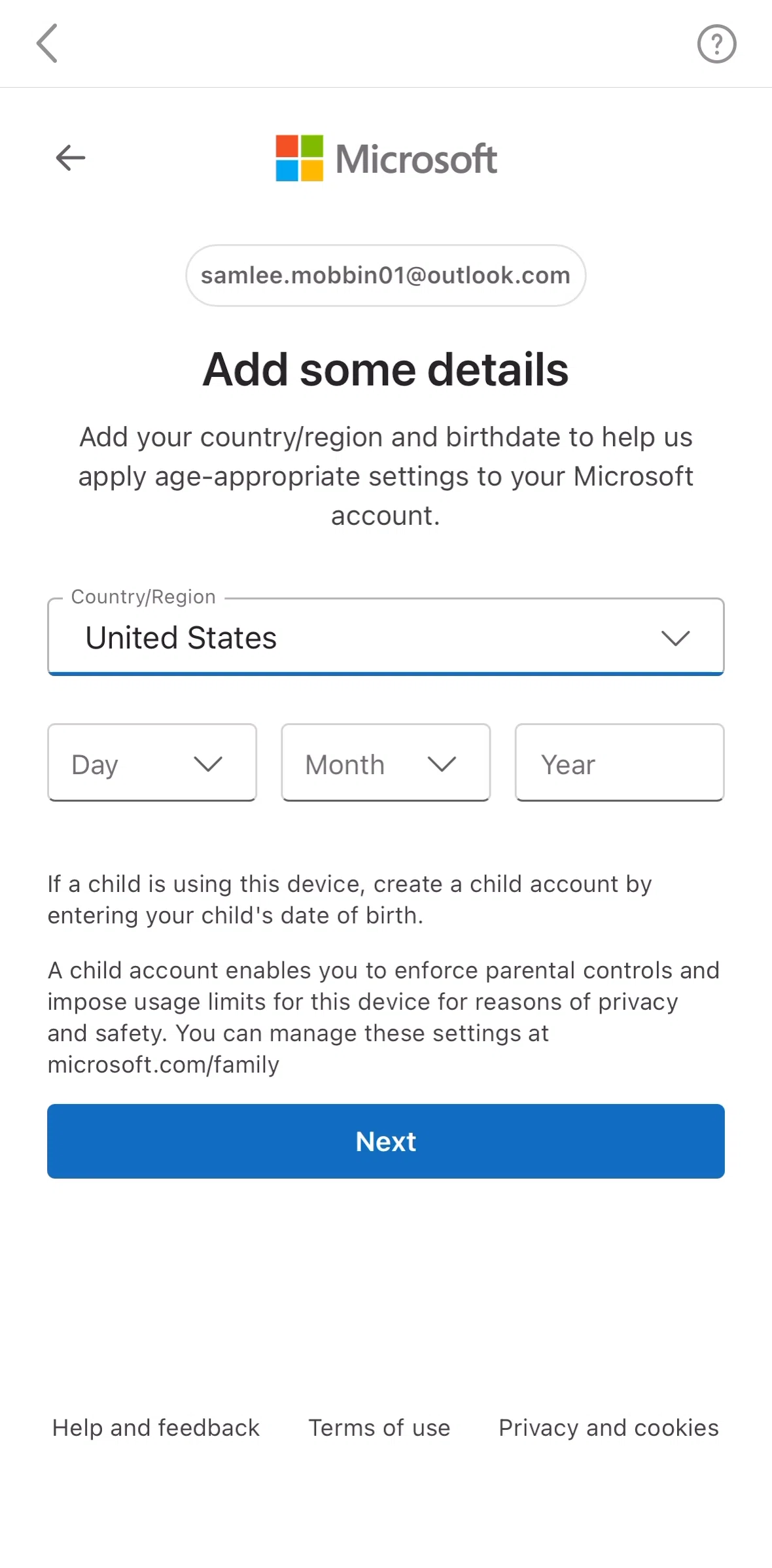 Microsoft Outlook Screen screen in the Setting up an account flow