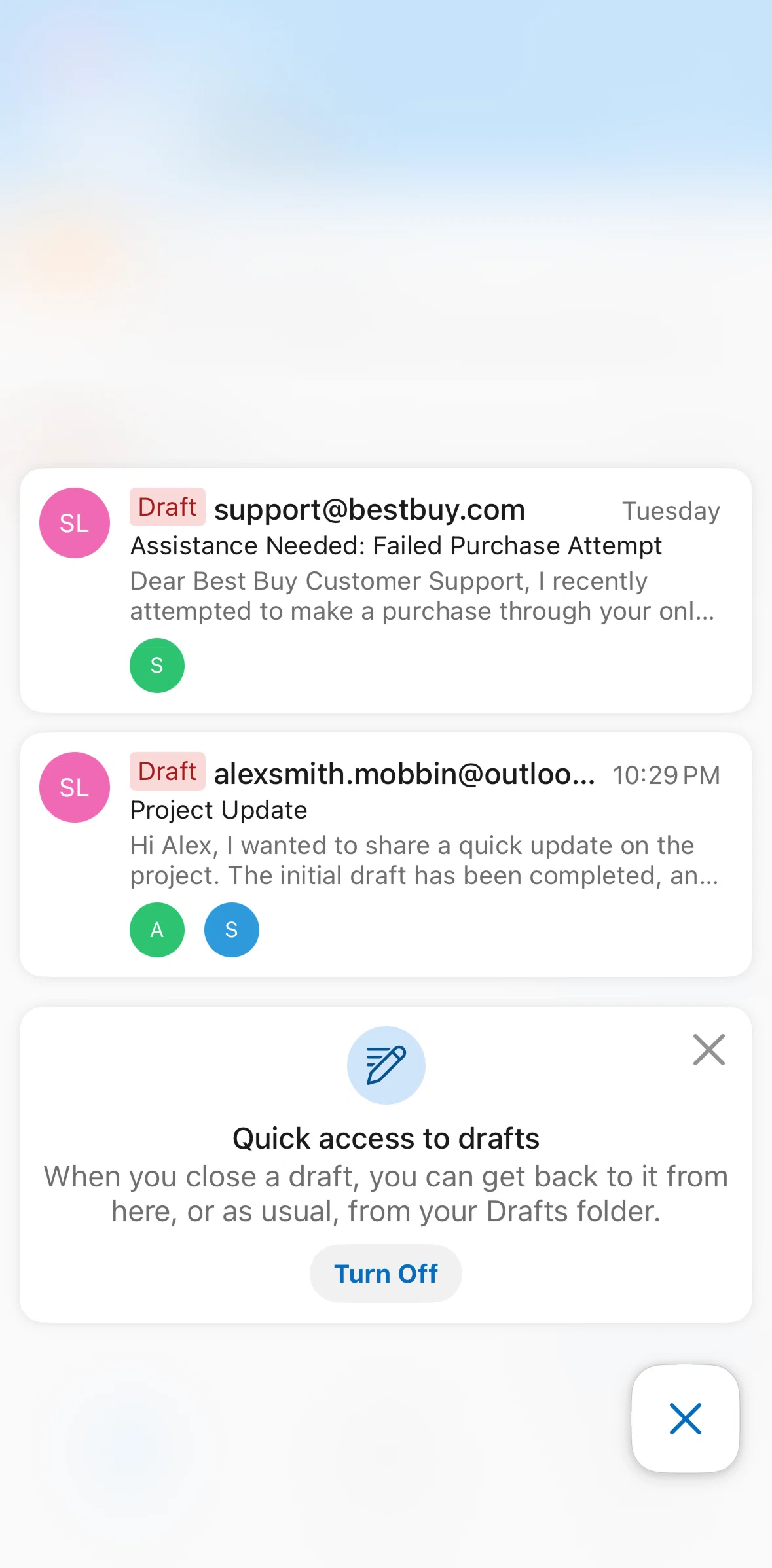 Microsoft Outlook Screen screen in the Turning off quick drafts access flow