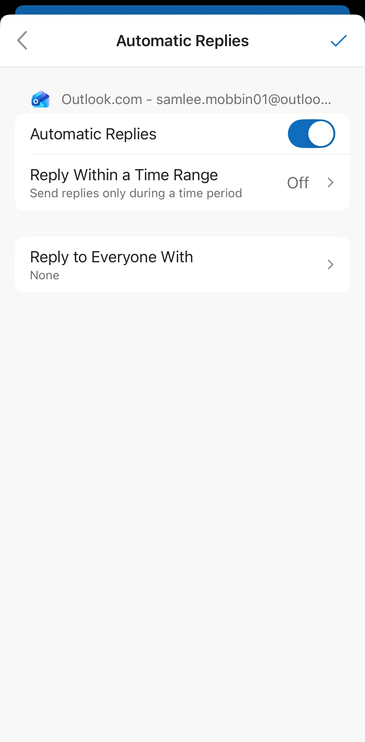 Microsoft Outlook Screen screen in the Turning on reply within a time range flow