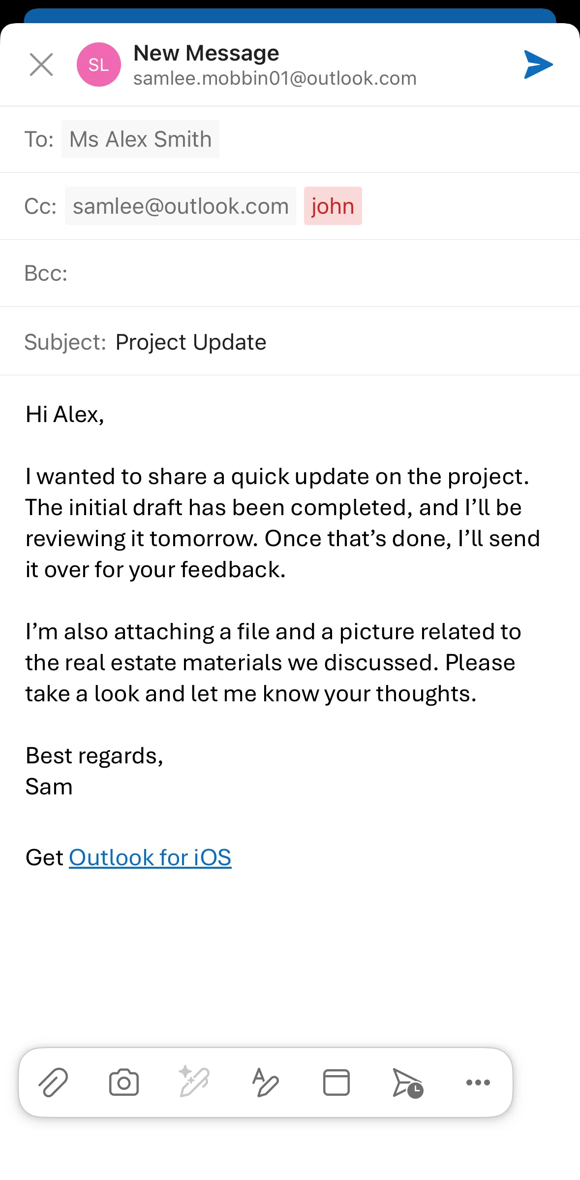 Microsoft Outlook Screen screen in the Uploading an attachment (camera photo) flow