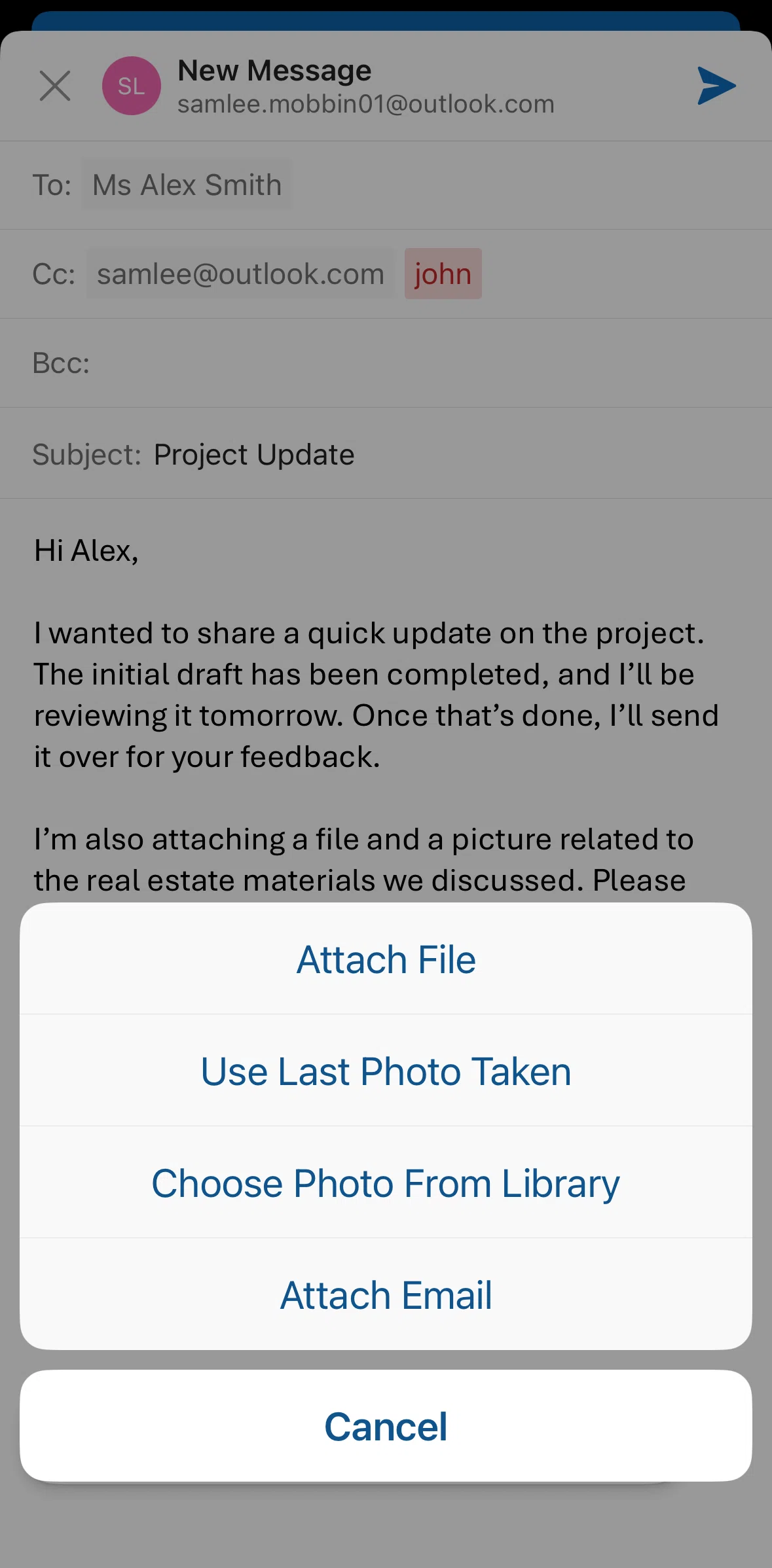 Microsoft Outlook Screen screen in the Uploading an attachment (email) flow