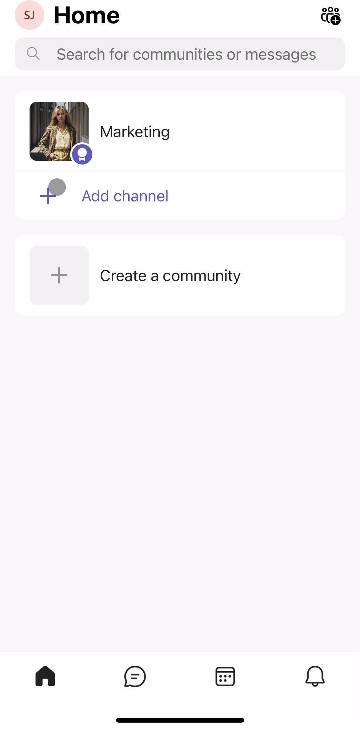 Microsoft Teams Home screen in the Adding A Channel flow
