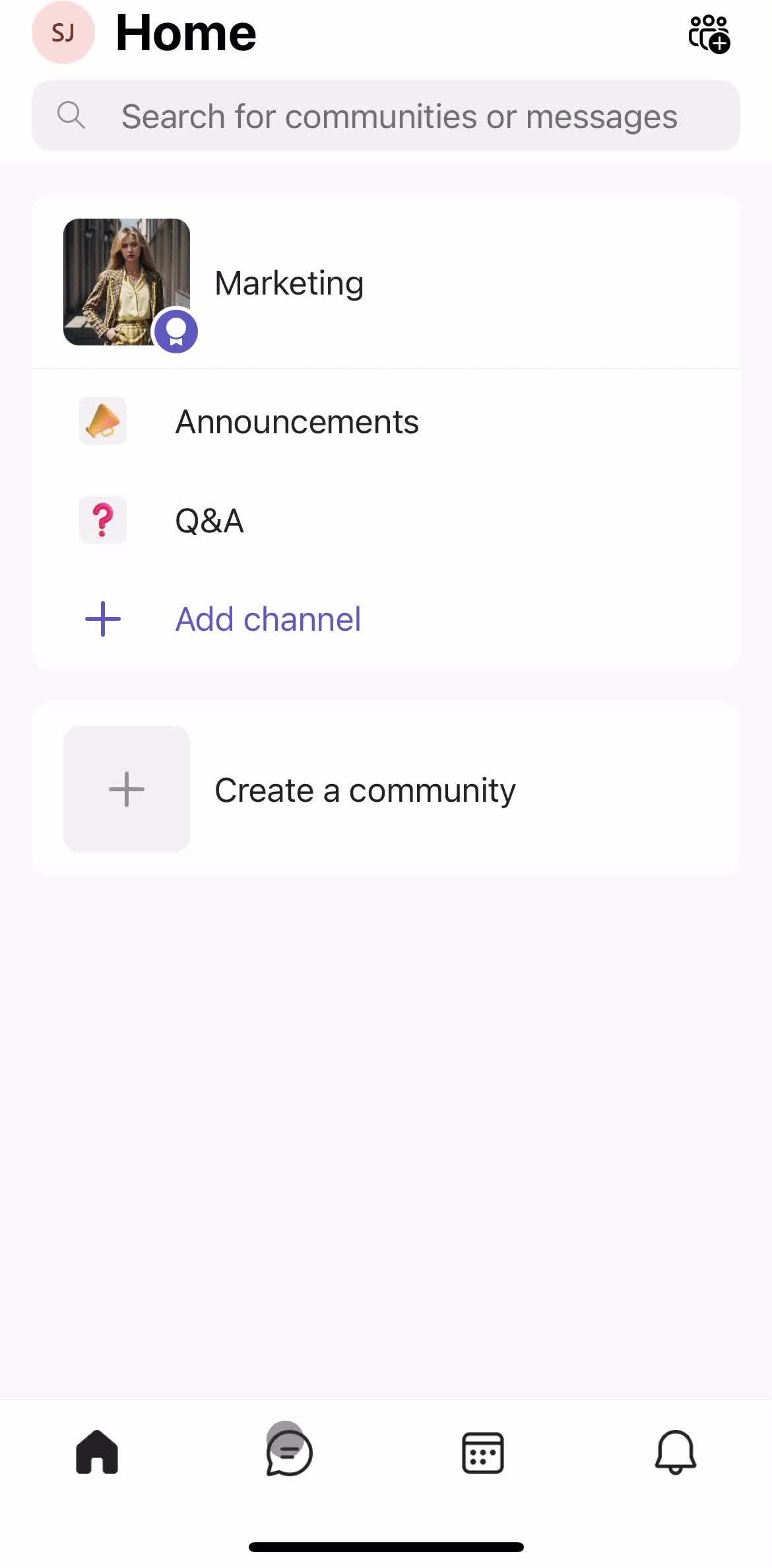 Microsoft Teams Home screen in the Chatting flow