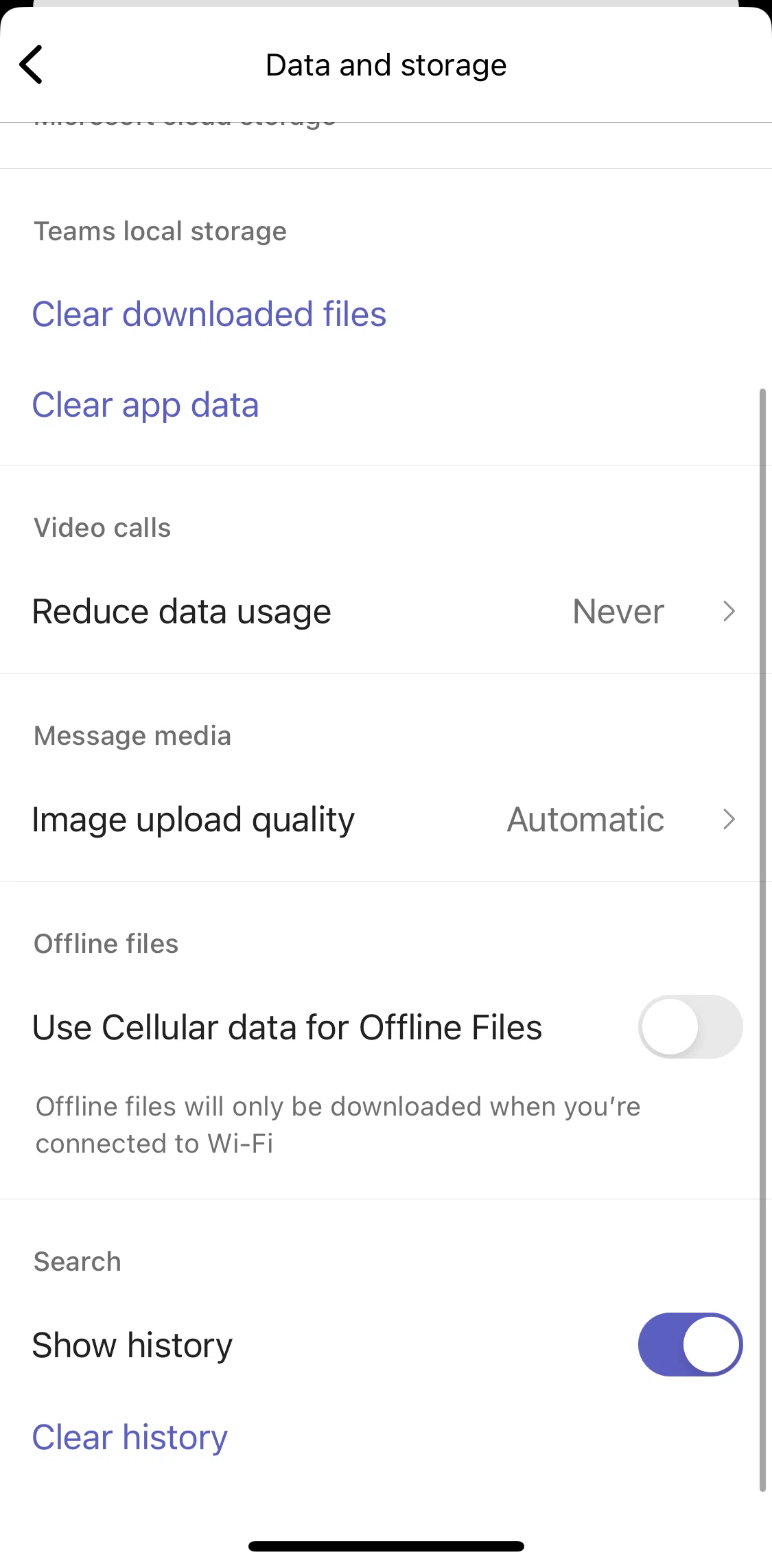 Microsoft Teams Screen screen in the Clearing history flow
