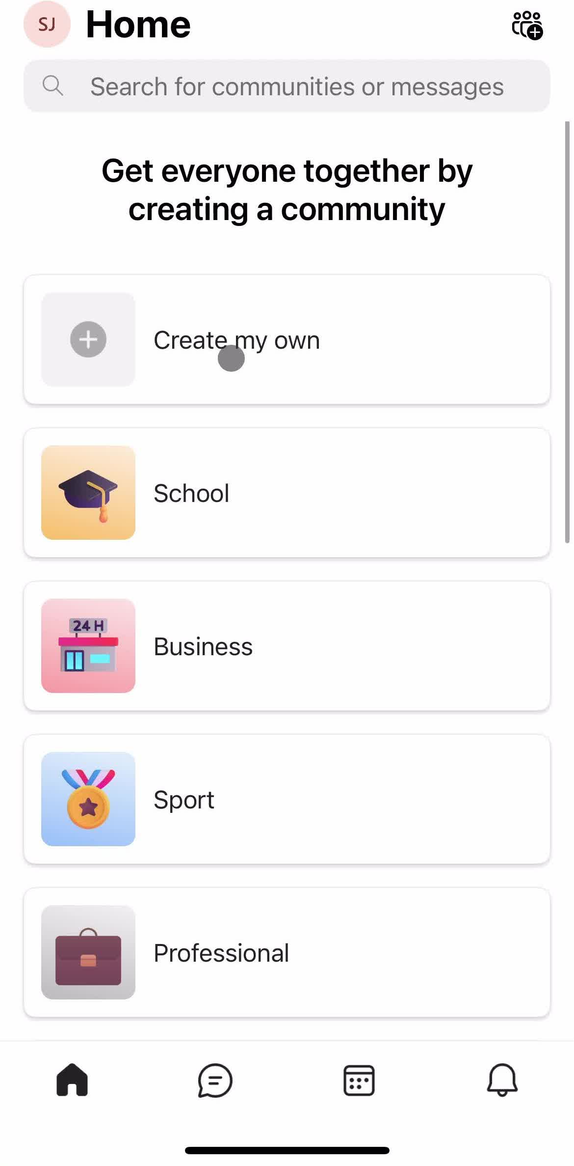 Microsoft Teams Home screen in the Creating A Community flow
