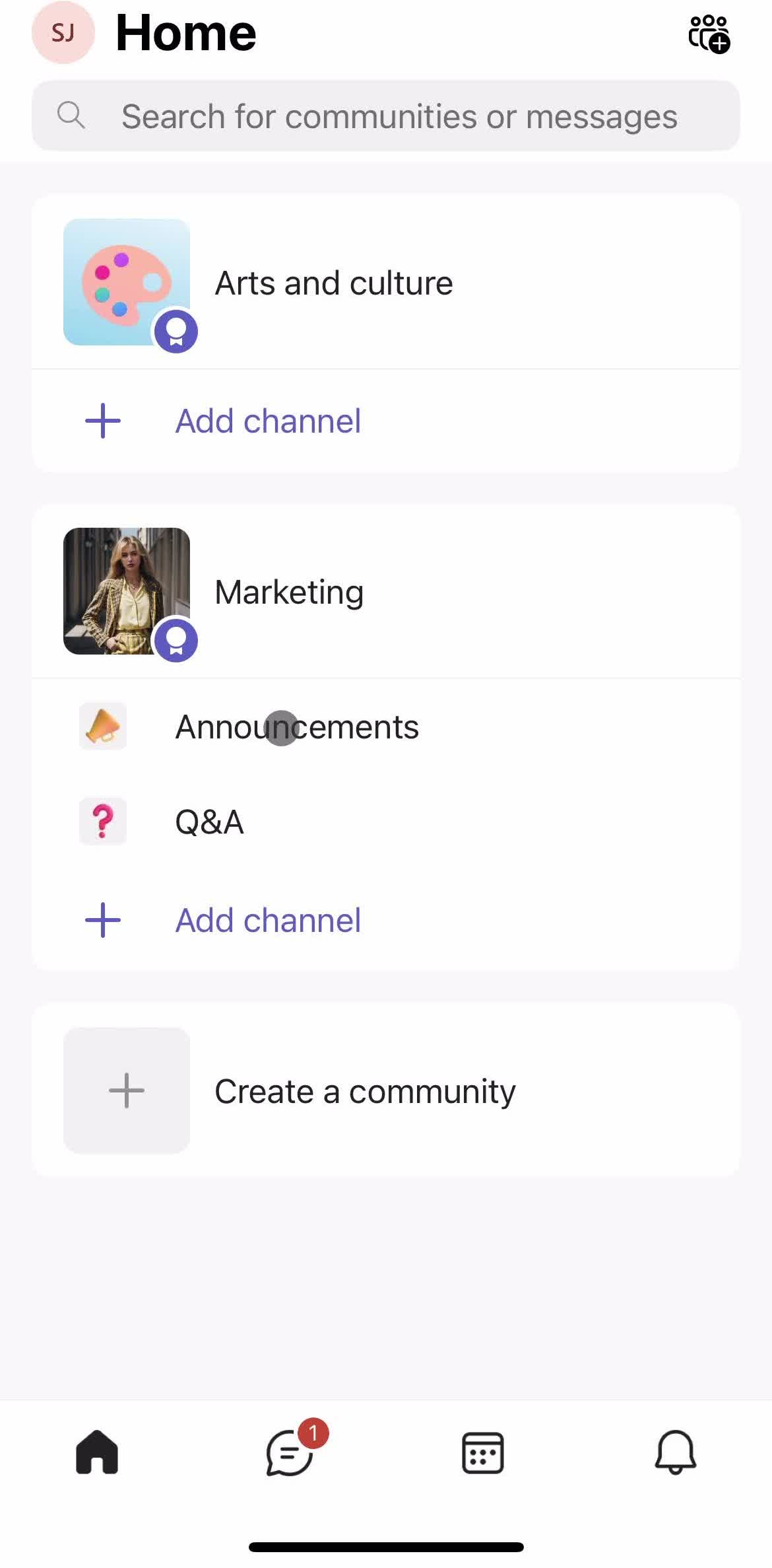Microsoft Teams Home screen in the Creating A Post flow