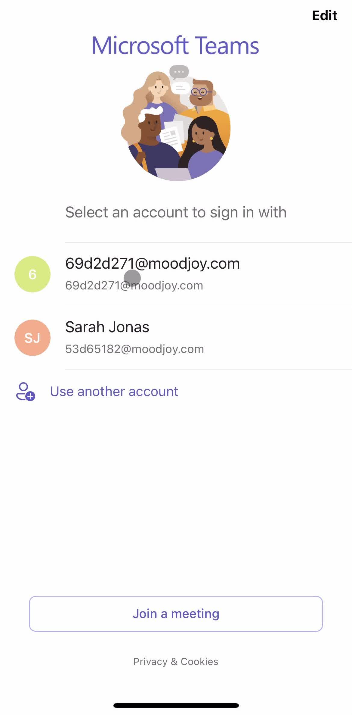 Microsoft Teams Select account screen in the Logging In flow