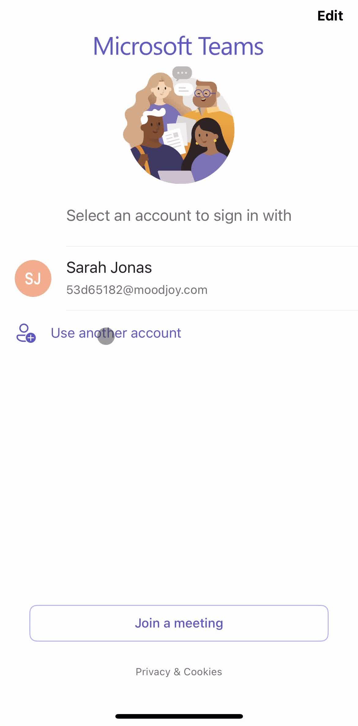 Microsoft Teams Select account screen in the Onboarding flow