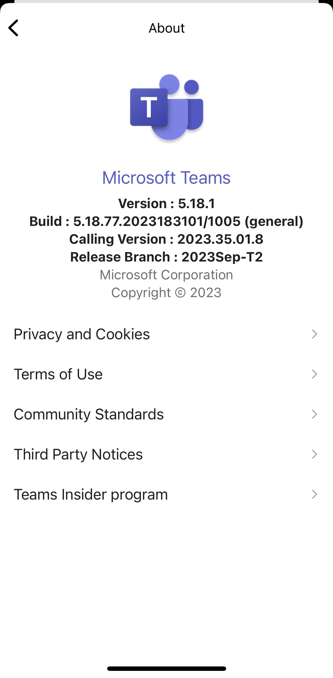 Microsoft Teams Screen screen in the Privacy Policy flow