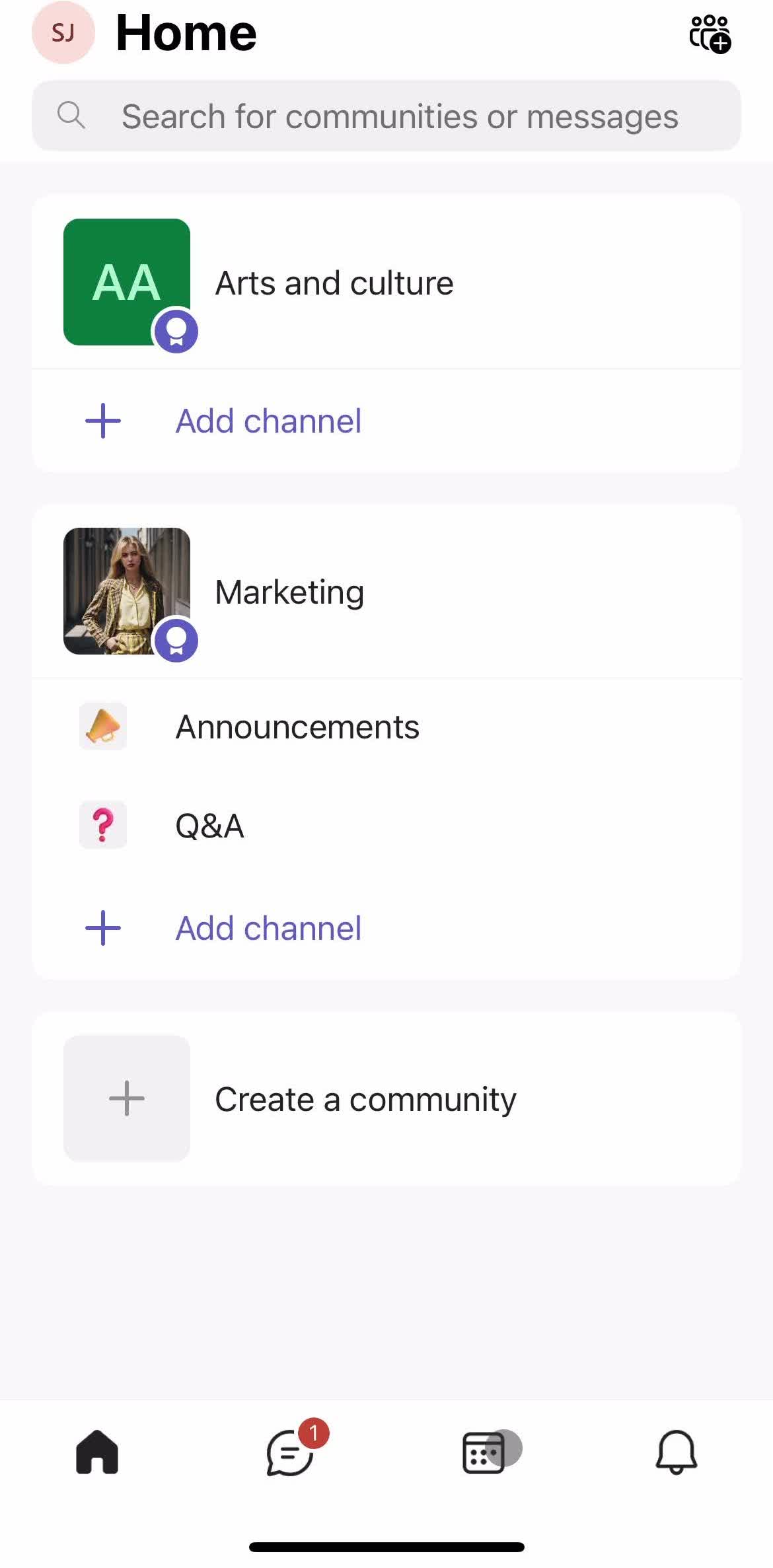 Microsoft Teams Home screen in the Starting A Meeting flow